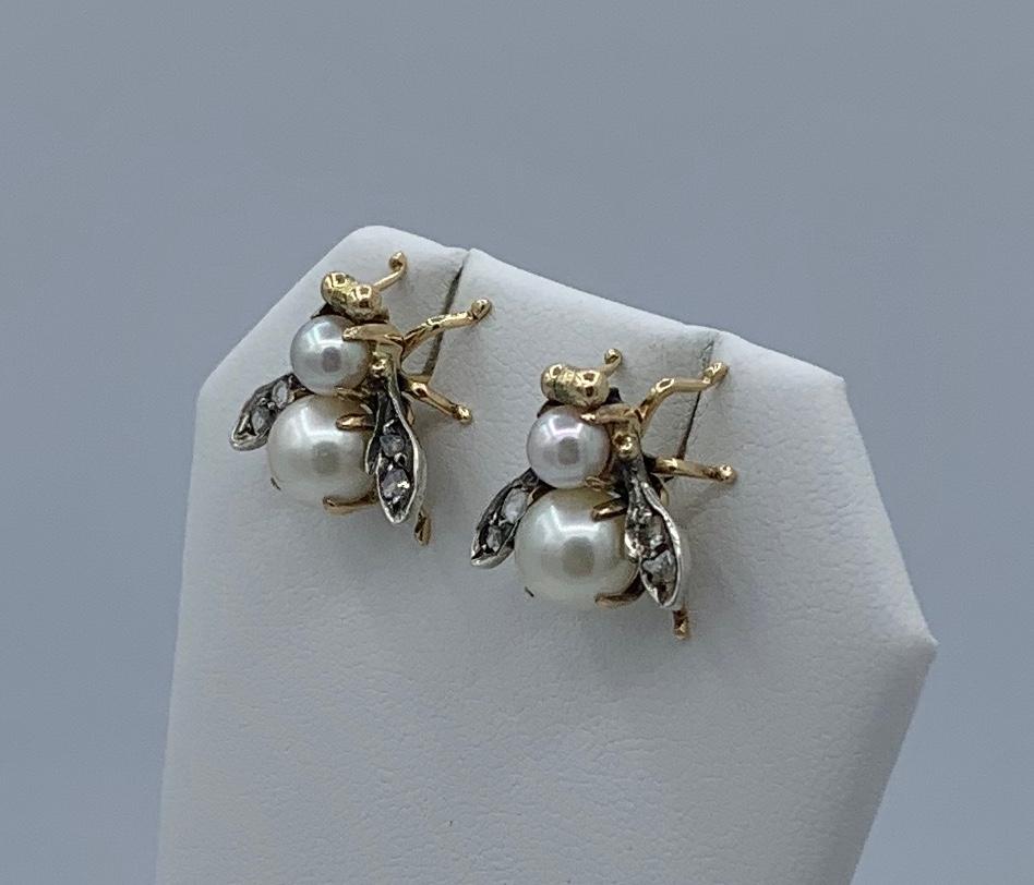 Rose Cut Diamond Pearl Fly Insect Bug Earrings Victorian Antique 14 Karat Gold In Excellent Condition For Sale In New York, NY