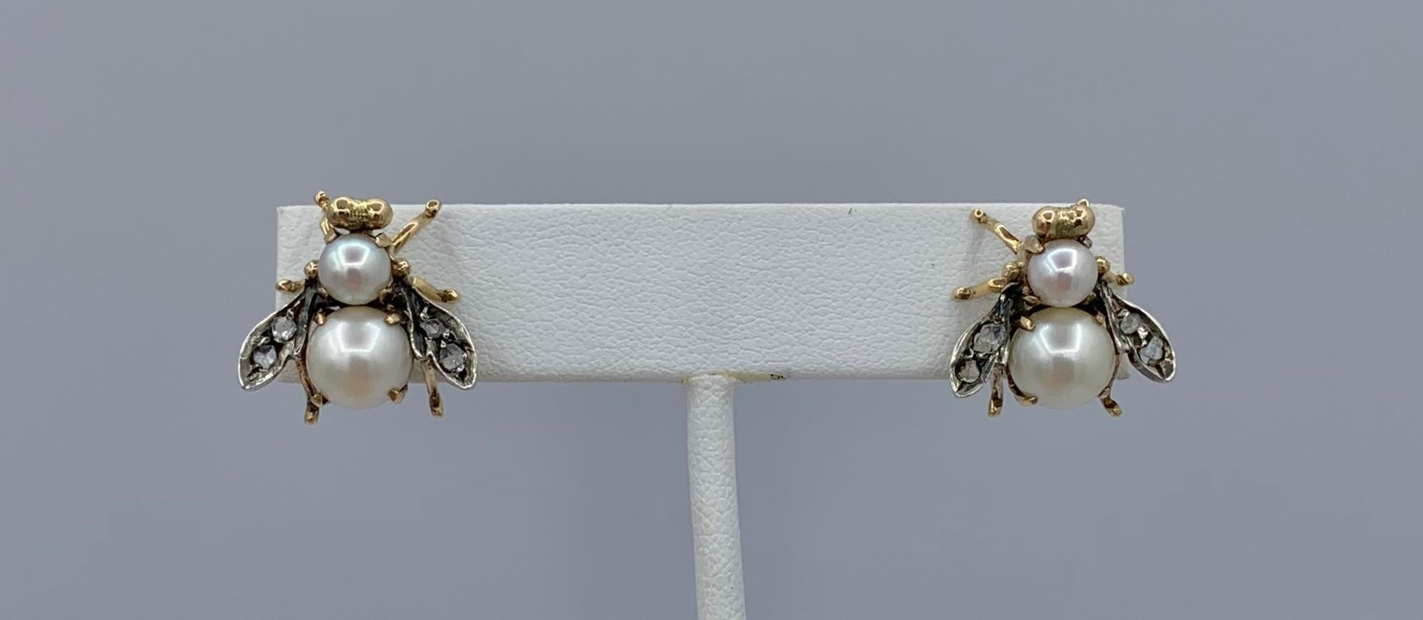 Rose Cut Diamant Perle Fliege Insekt Käfer Ohrringe viktorianischen antiken 14 Karat Gold für Damen oder Herren im Angebot