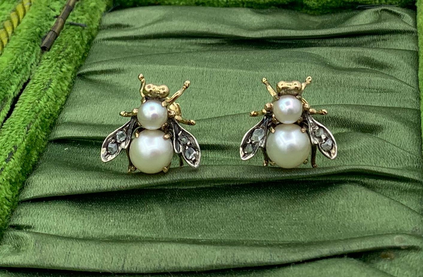 Rose Cut Diamond Pearl Fly Insect Bug Earrings Victorian Antique 14 Karat Gold For Sale 1