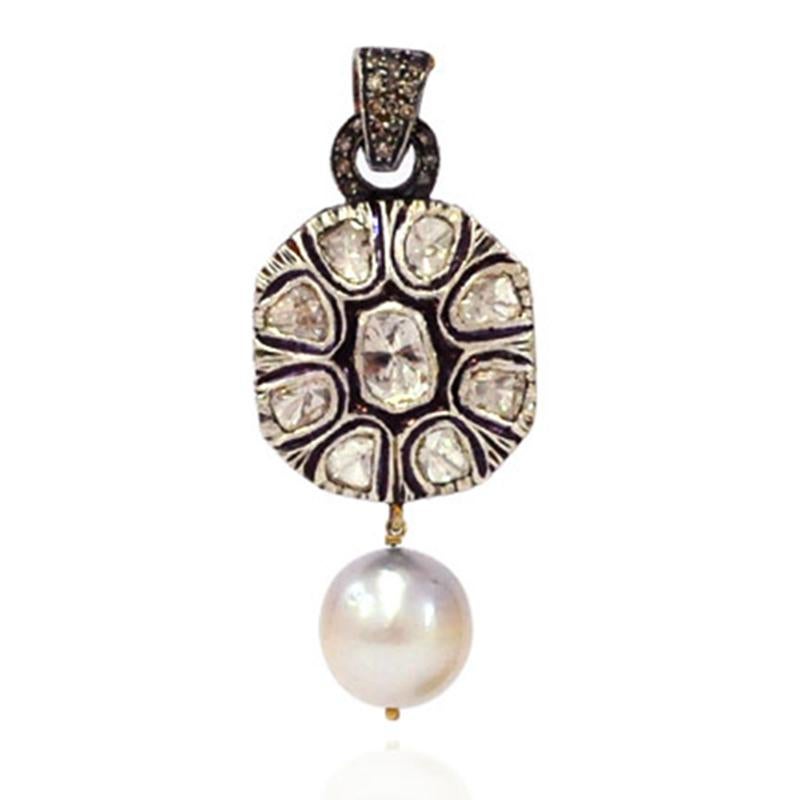 Contemporary Rose Cut Diamond Pendant With Pearl Bead Made In 14k Gold & Silver For Sale
