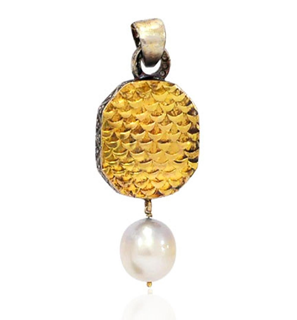 Mixed Cut Rose Cut Diamond Pendant With Pearl Bead Made In 14k Gold & Silver For Sale