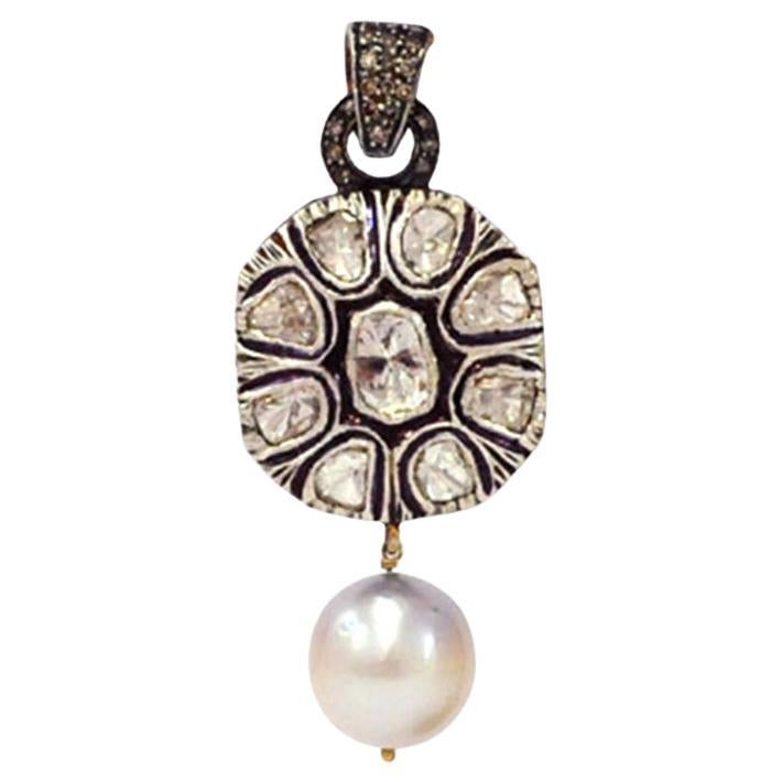 Rose Cut Diamond Pendant With Pearl Bead Made In 14k Gold & Silver For Sale