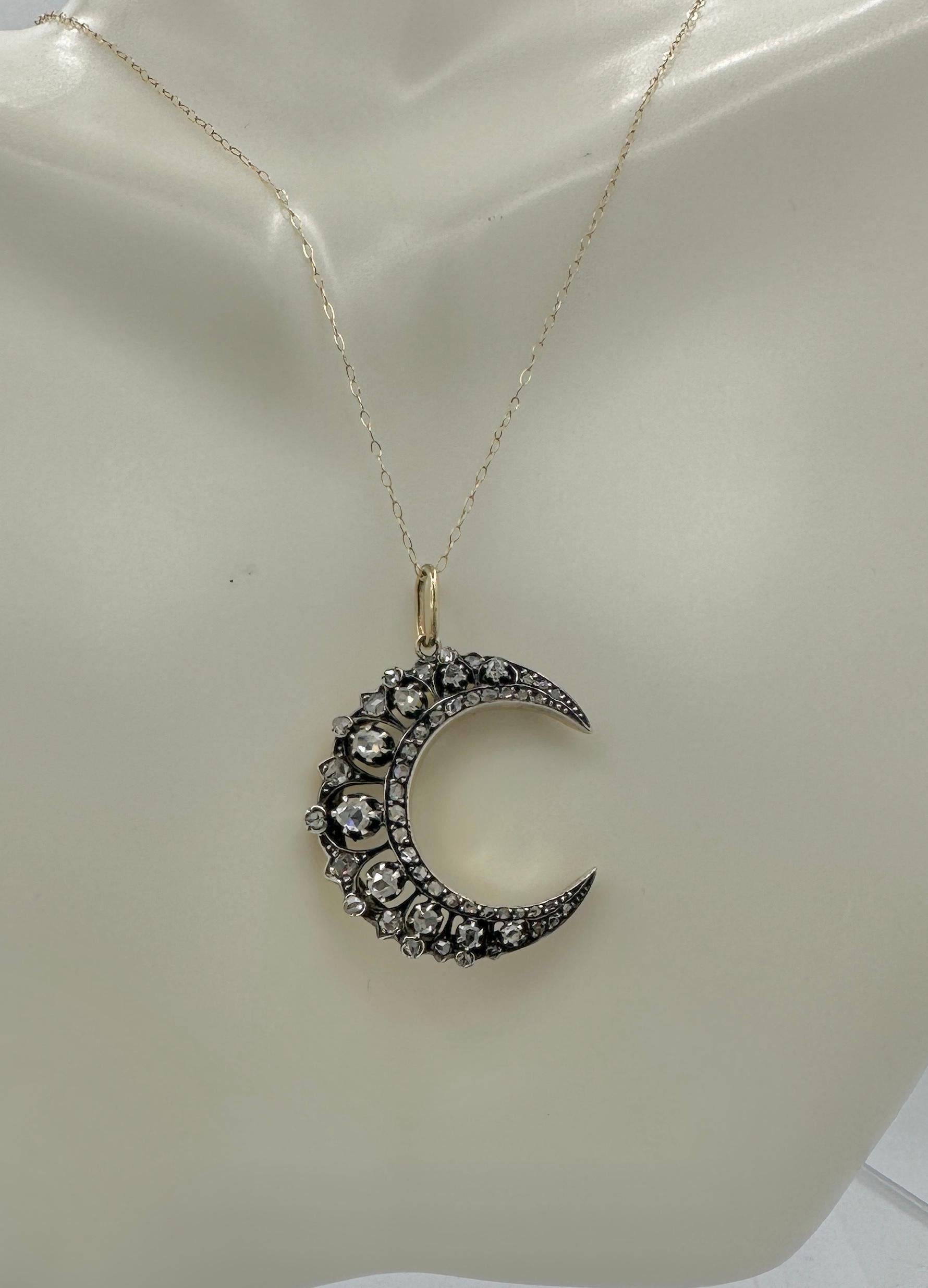 Rose Cut Diamond Platinum Crescent Moon Pendant Necklace French Belle Epoque For Sale 2