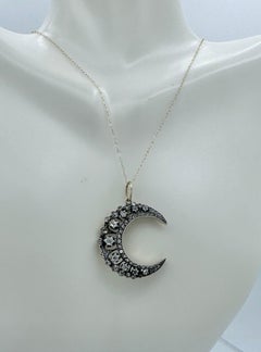 Rose Cut Diamond Platinum Crescent Moon Pendant Necklace French Belle Epoque