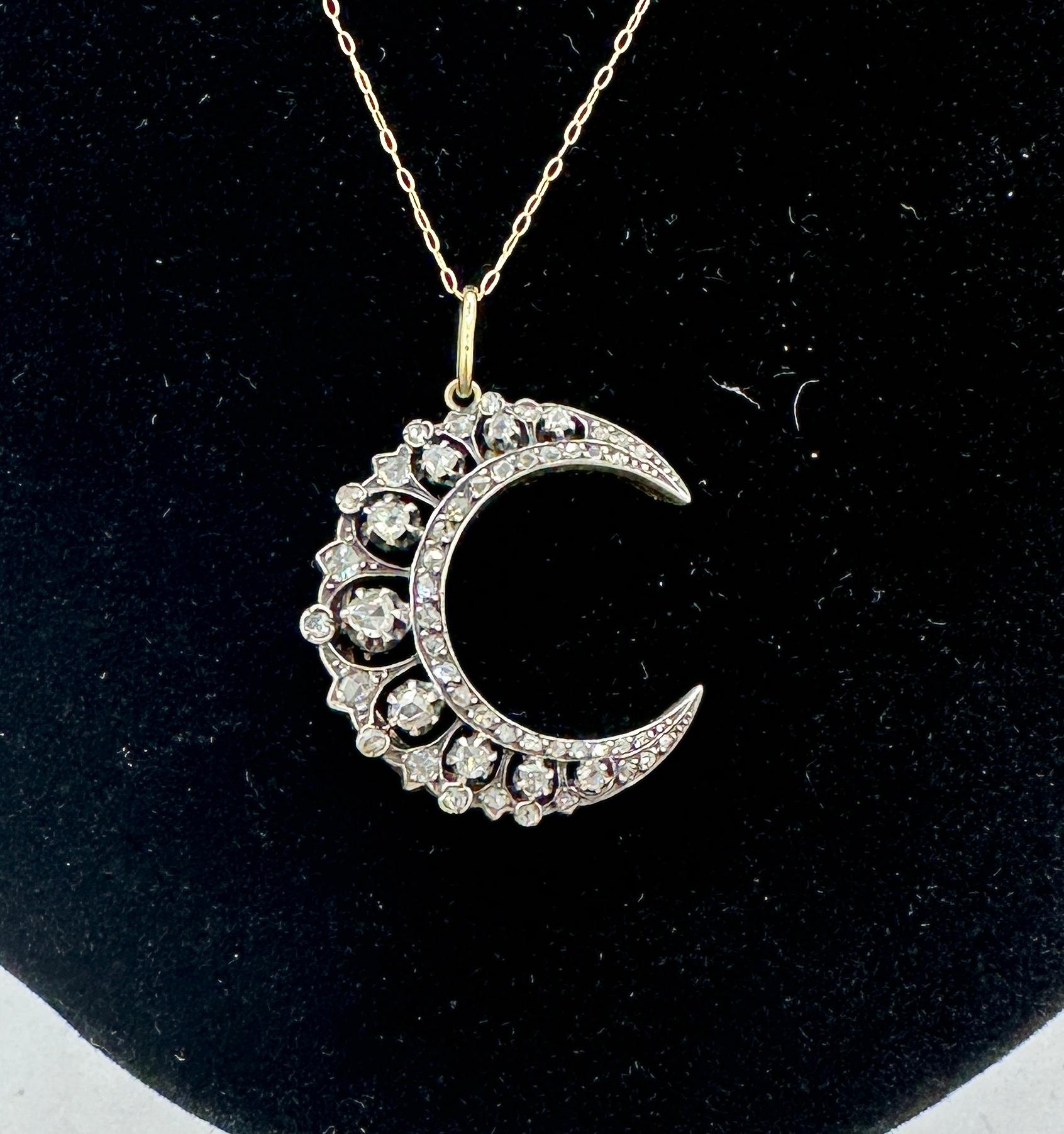 Rose Cut Diamant Platin Mondsichel Anhänger Halskette French Belle Epoque (Rosenschliff) im Angebot