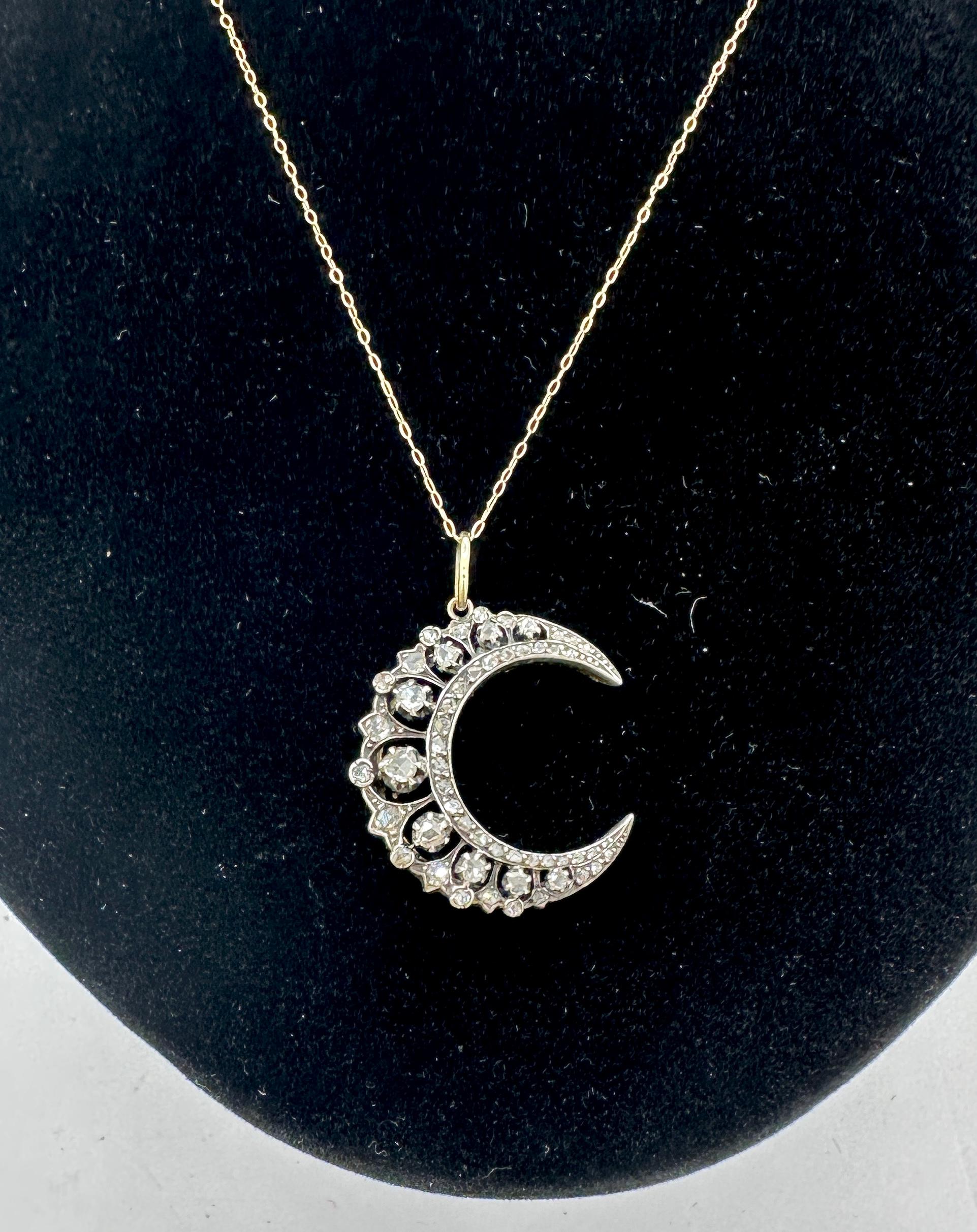 Belle Époque Rose Cut Diamond Platinum Crescent Moon Pendant Necklace French Belle Epoque For Sale