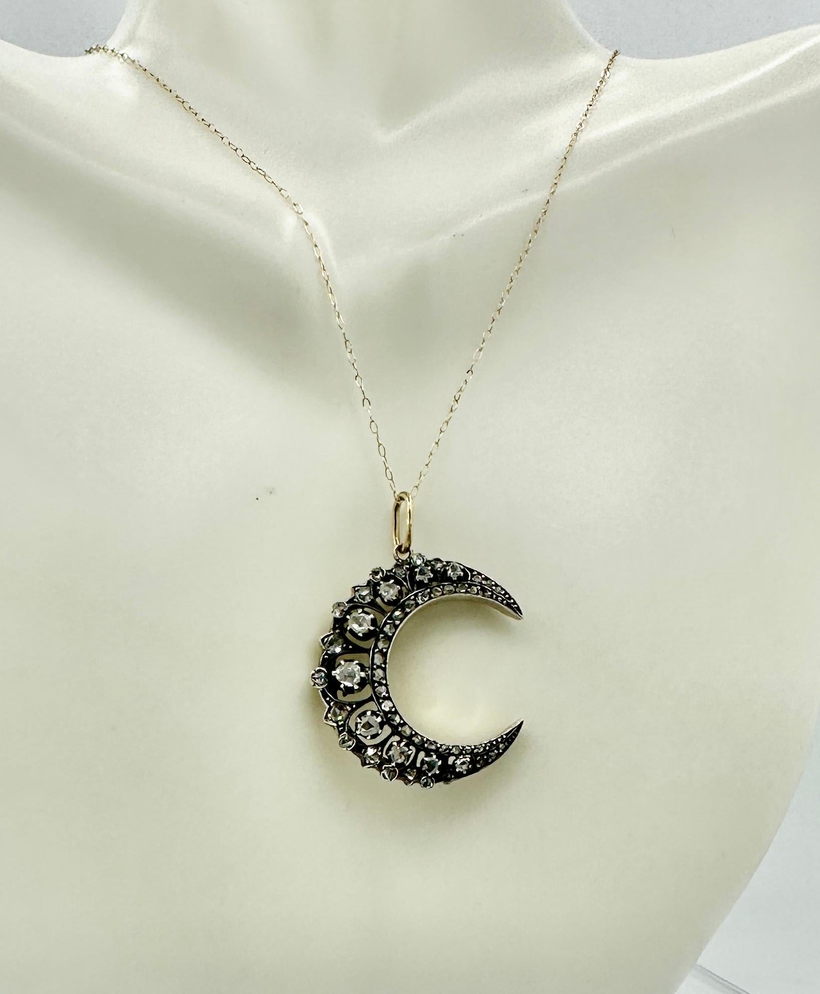 Women's or Men's Rose Cut Diamond Platinum Crescent Moon Pendant Necklace French Belle Epoque For Sale