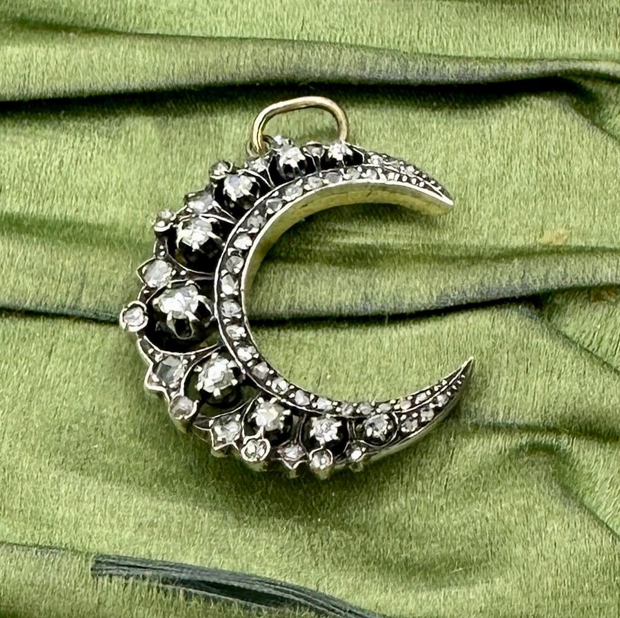 Rose Cut Diamond Platinum Crescent Moon Pendant Necklace French Belle Epoque For Sale 1