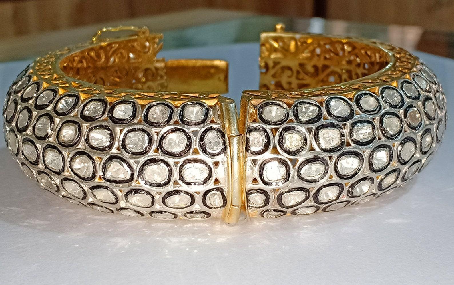 Art Deco Rose Cut Diamond & Polki Diamond Bangle 925 Sterling Silver Antique Jewellery. For Sale