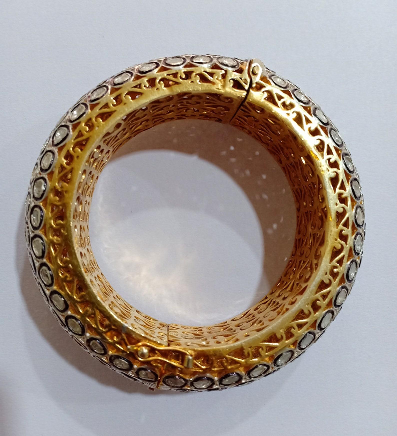 Round Cut Rose Cut Diamond & Polki Diamond Bangle 925 Sterling Silver Antique Jewellery. For Sale