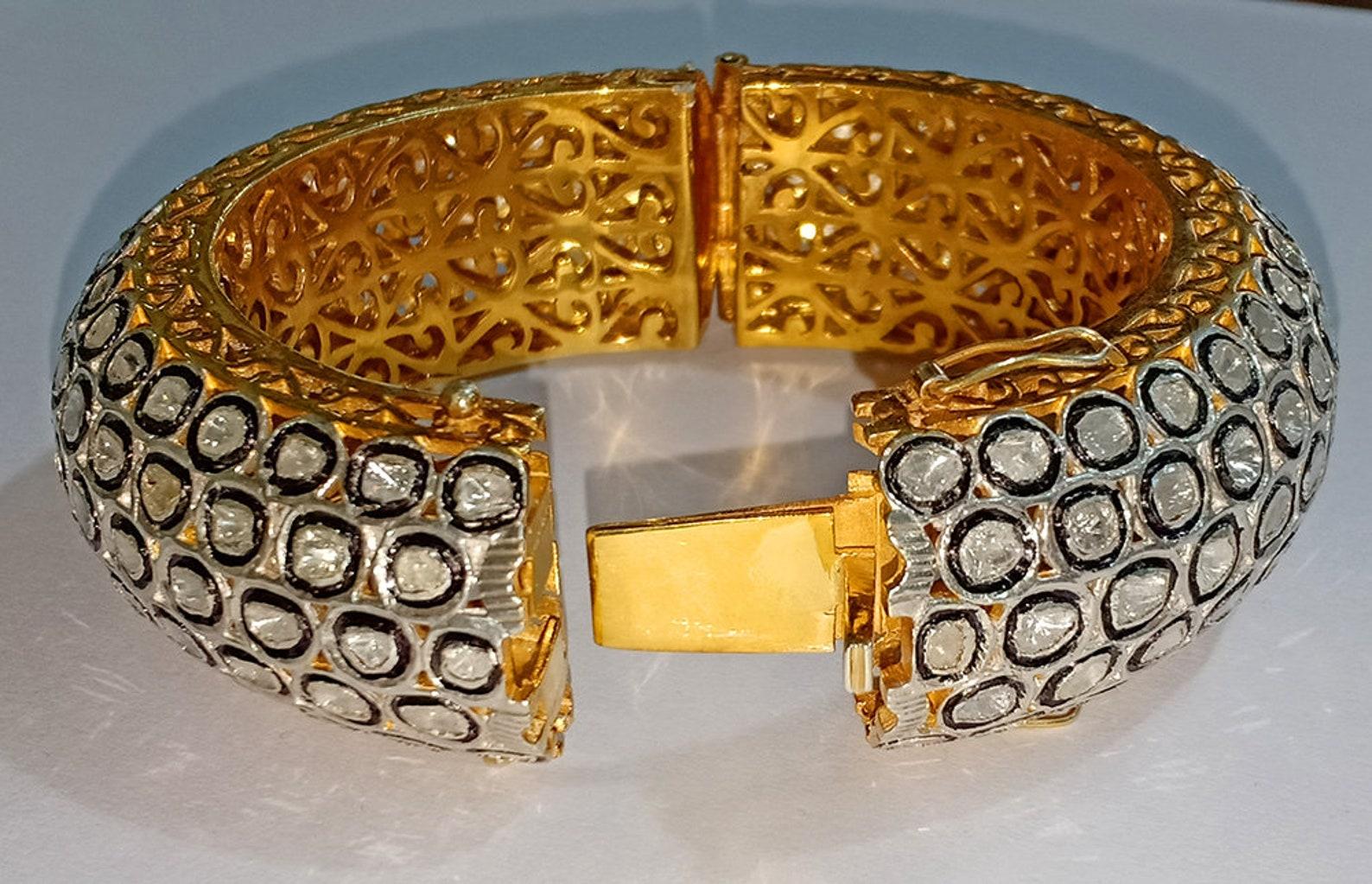Rose Cut Diamond & Polki Diamond Bangle 925 Sterling Silver Antique Jewellery. In New Condition For Sale In Chicago, IL
