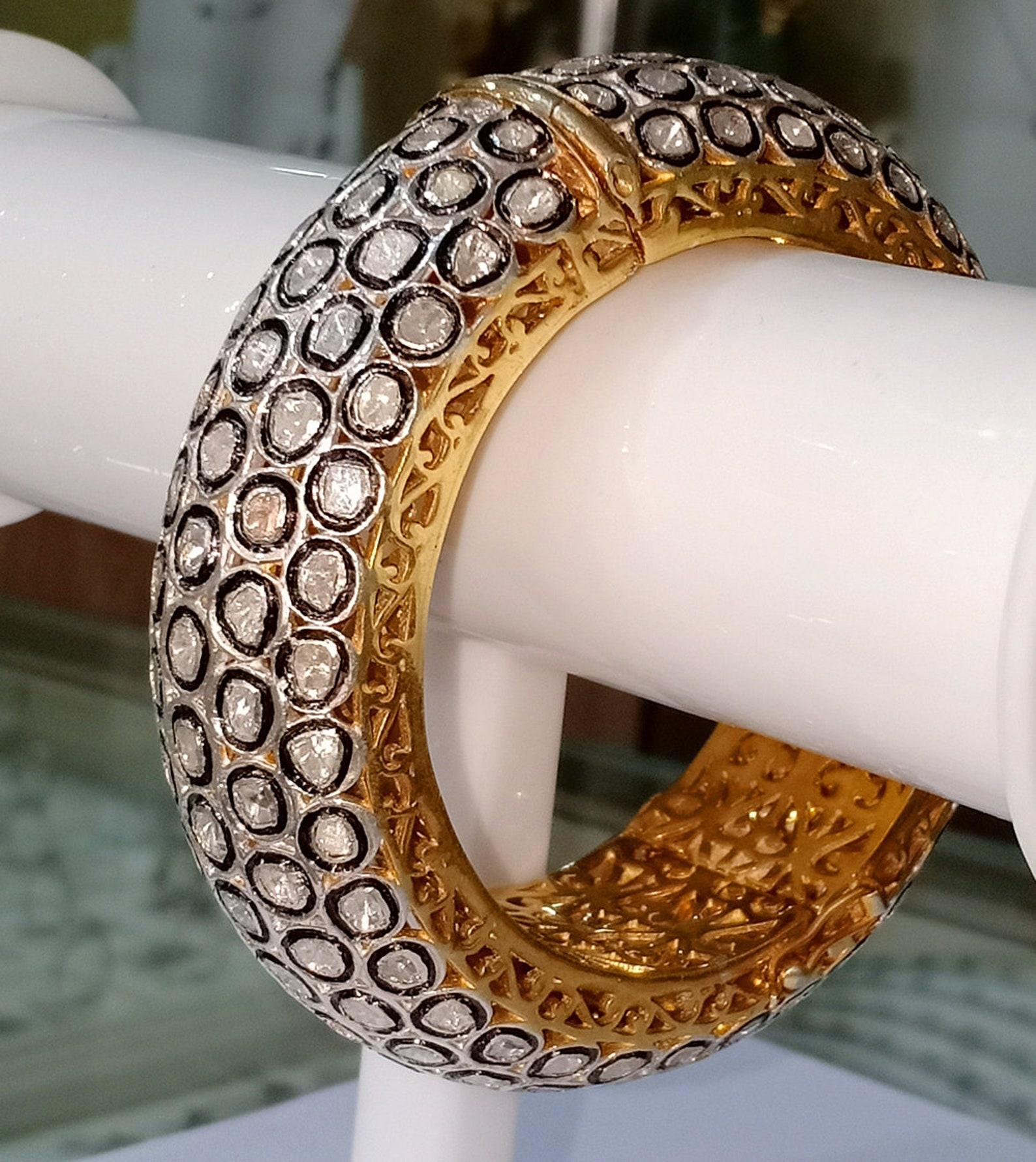 Women's or Men's Rose Cut Diamond & Polki Diamond Bangle 925 Sterling Silver Antique Jewellery. For Sale