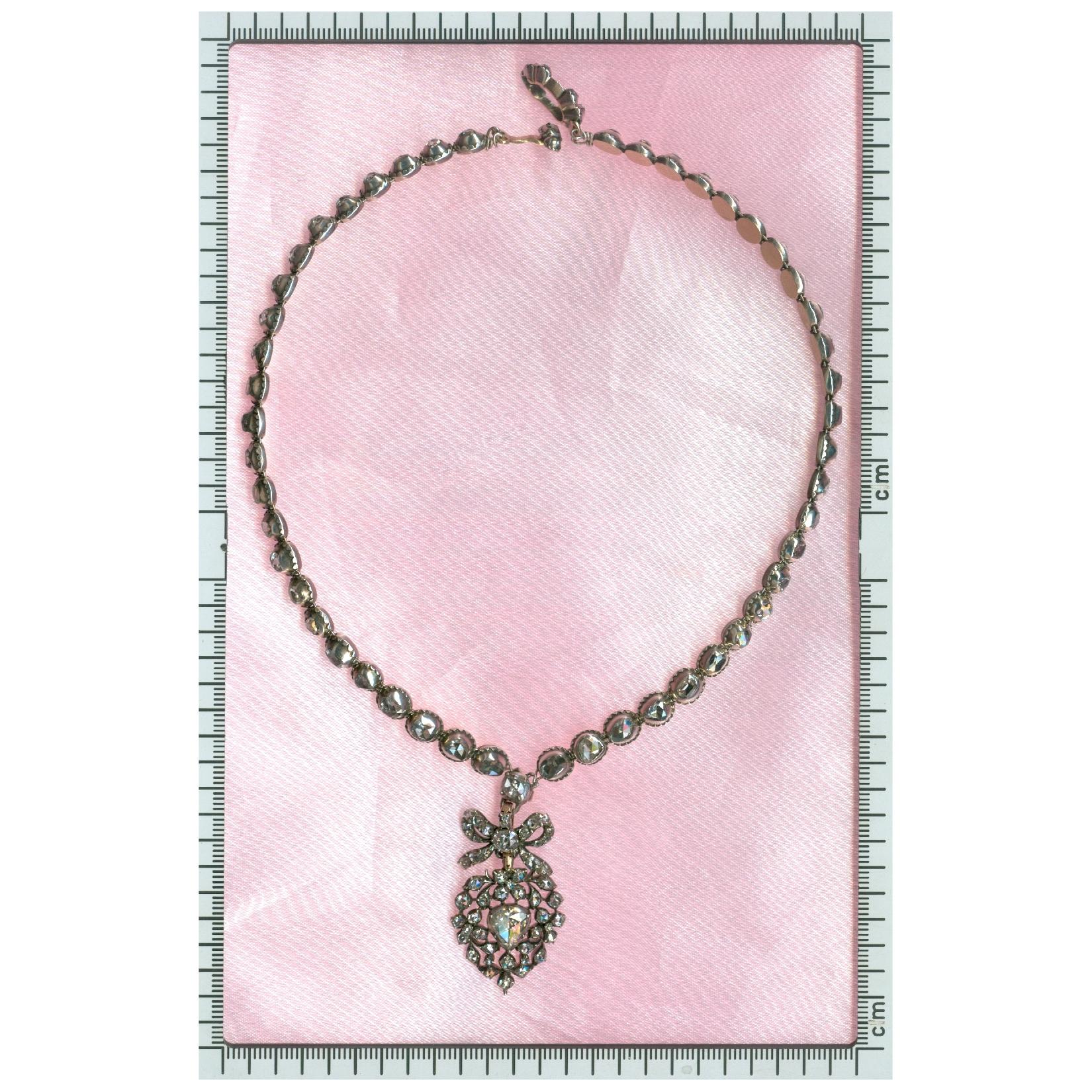 Rose Cut Diamond Riviere Necklace with a Diamond Set Crowned Heart Pendant 8