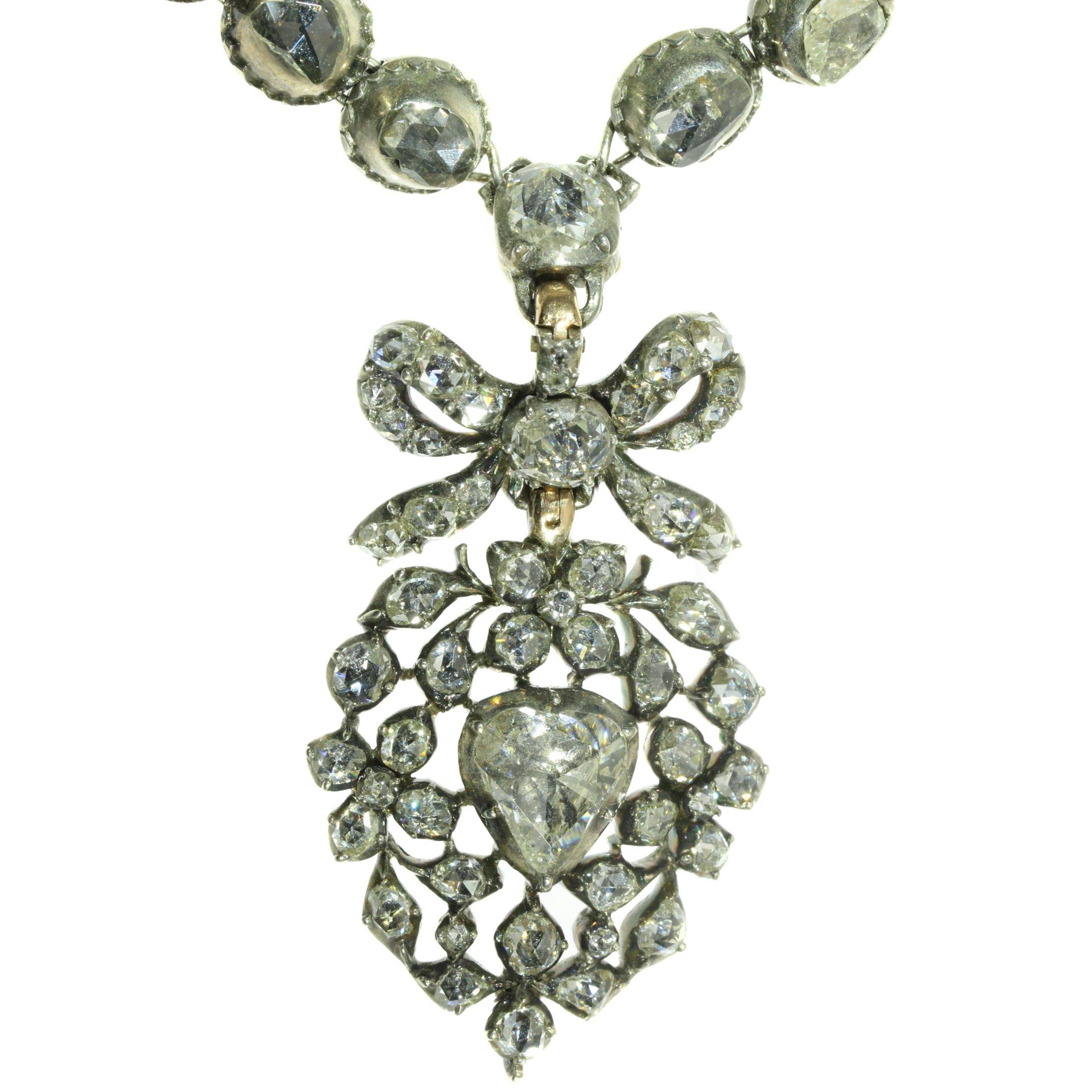 Women's or Men's Rose Cut Diamond Riviere Necklace with a Diamond Set Crowned Heart Pendant