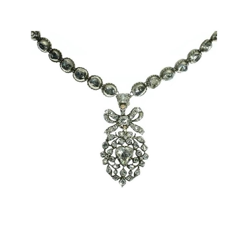 Rose Cut Diamond Riviere Necklace with a Diamond Set Crowned Heart Pendant 1