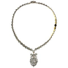 Antique Rose Cut Diamond Riviere Necklace with a Diamond Set Crowned Heart Pendant