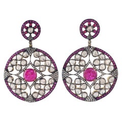 Boucles d'oreilles de style ancien en rubis et diamants taille rose