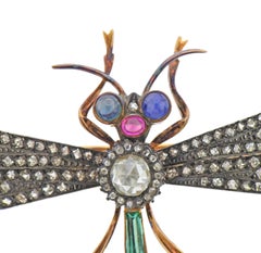 Rose Cut Diamond Ruby Emerald Sapphire Silver Gold Dragonfly Brooch