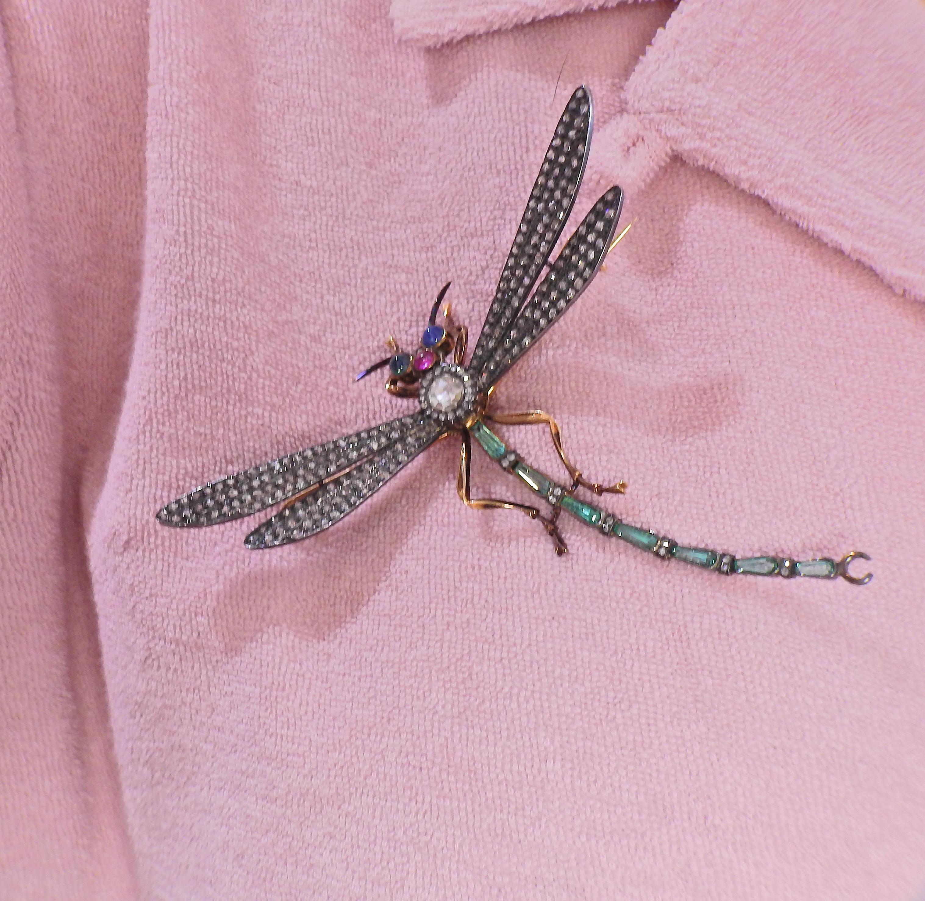Rose Cut Diamond Ruby Emerald Sapphire Silver Gold Dragonfly Brooch In Excellent Condition For Sale In New York, NY