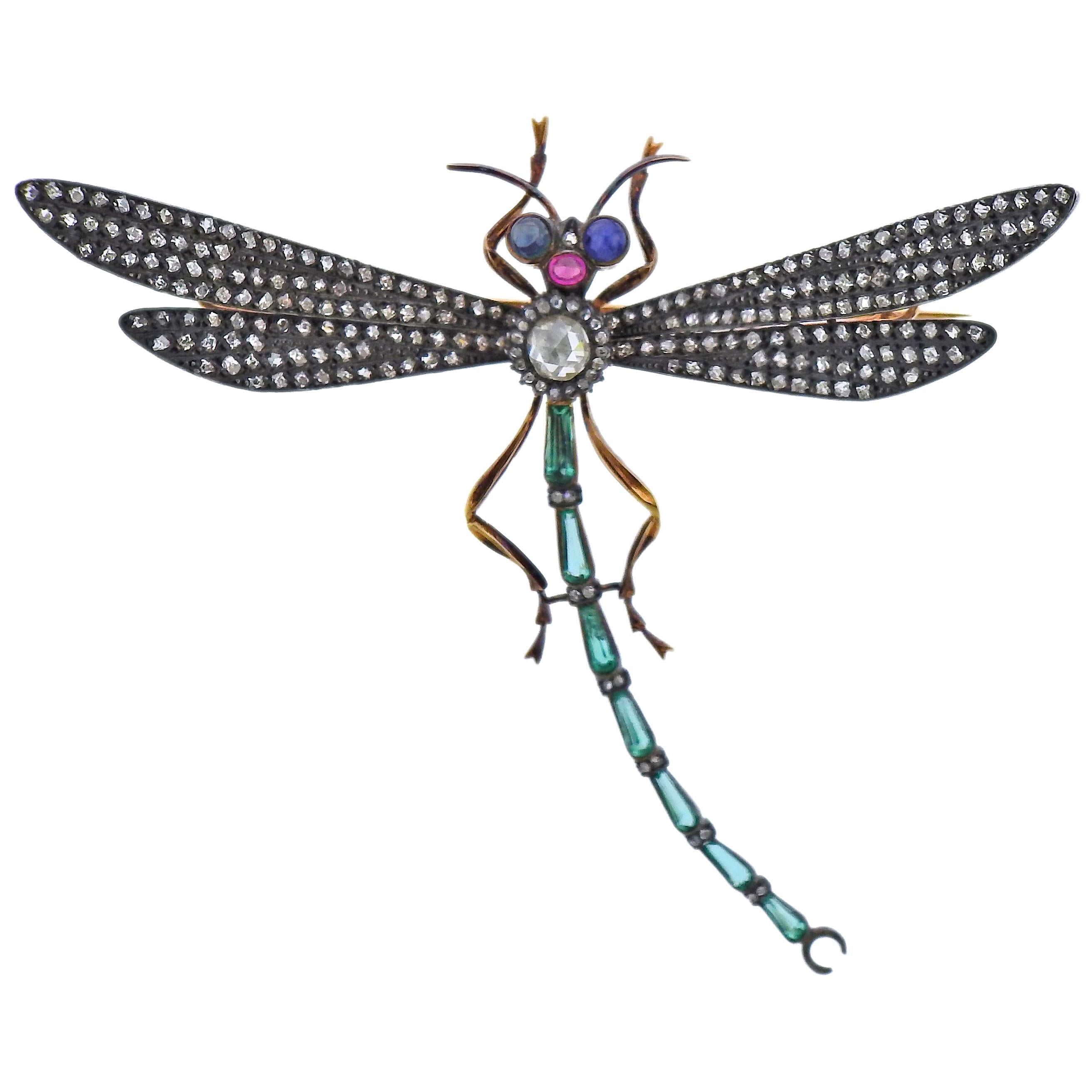 Rose Cut Diamond Ruby Emerald Sapphire Silver Gold Dragonfly Brooch For Sale