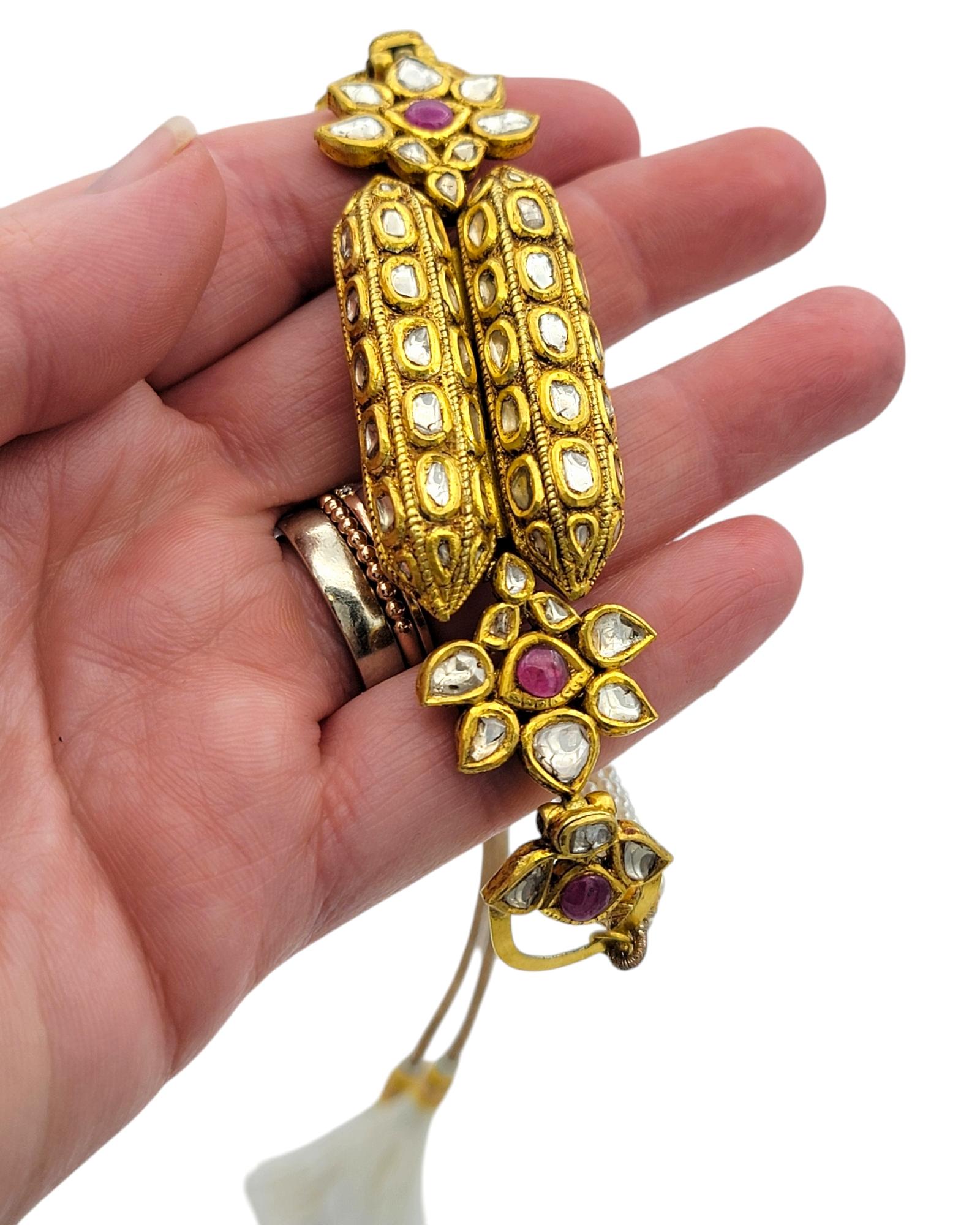 Rose Cut Diamond, Ruby & Pearl Adjustable Tassel Bracelet 18 Karat Yellow Gold For Sale 5