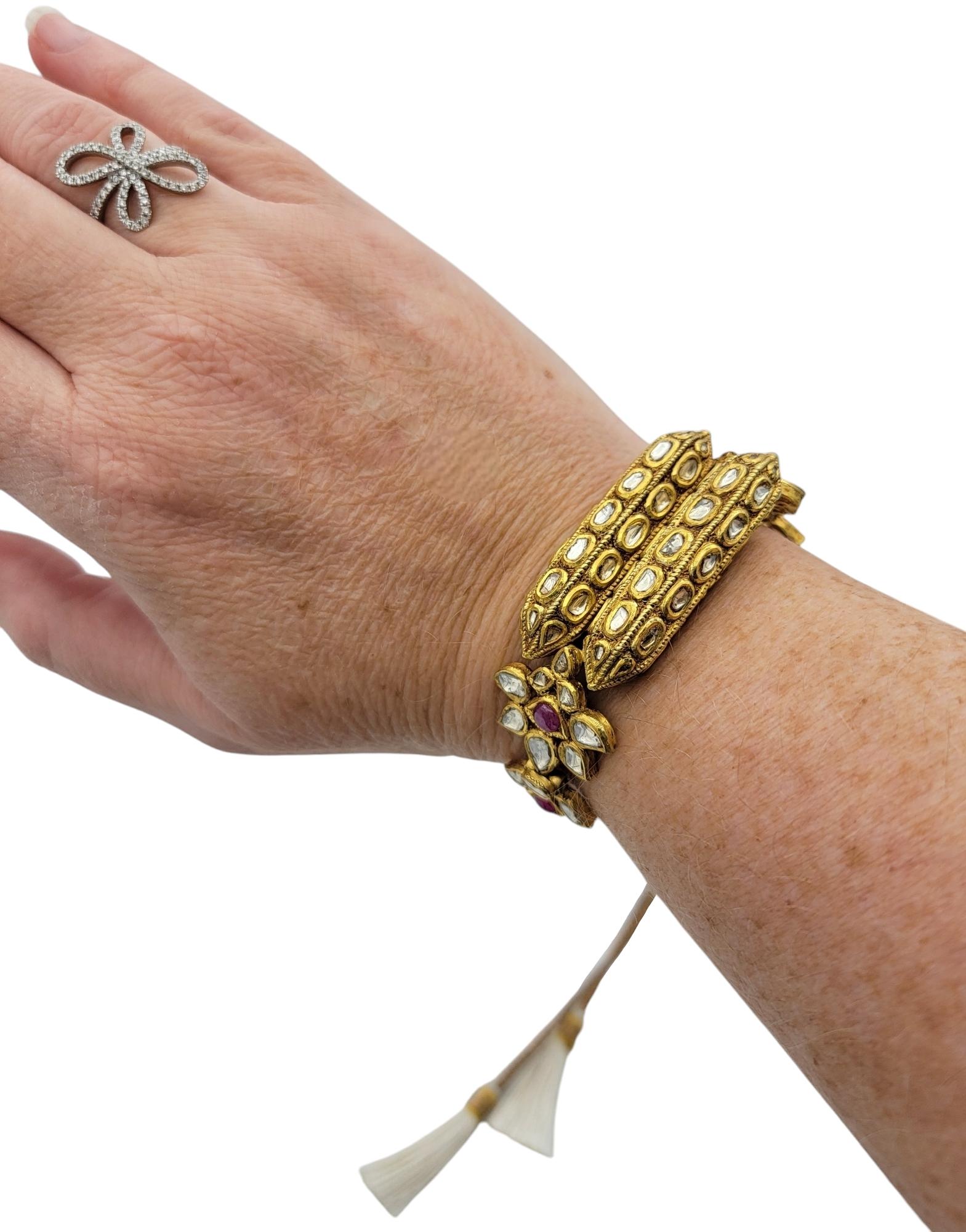 Rose Cut Diamond, Ruby & Pearl Adjustable Tassel Bracelet 18 Karat Yellow Gold For Sale 6