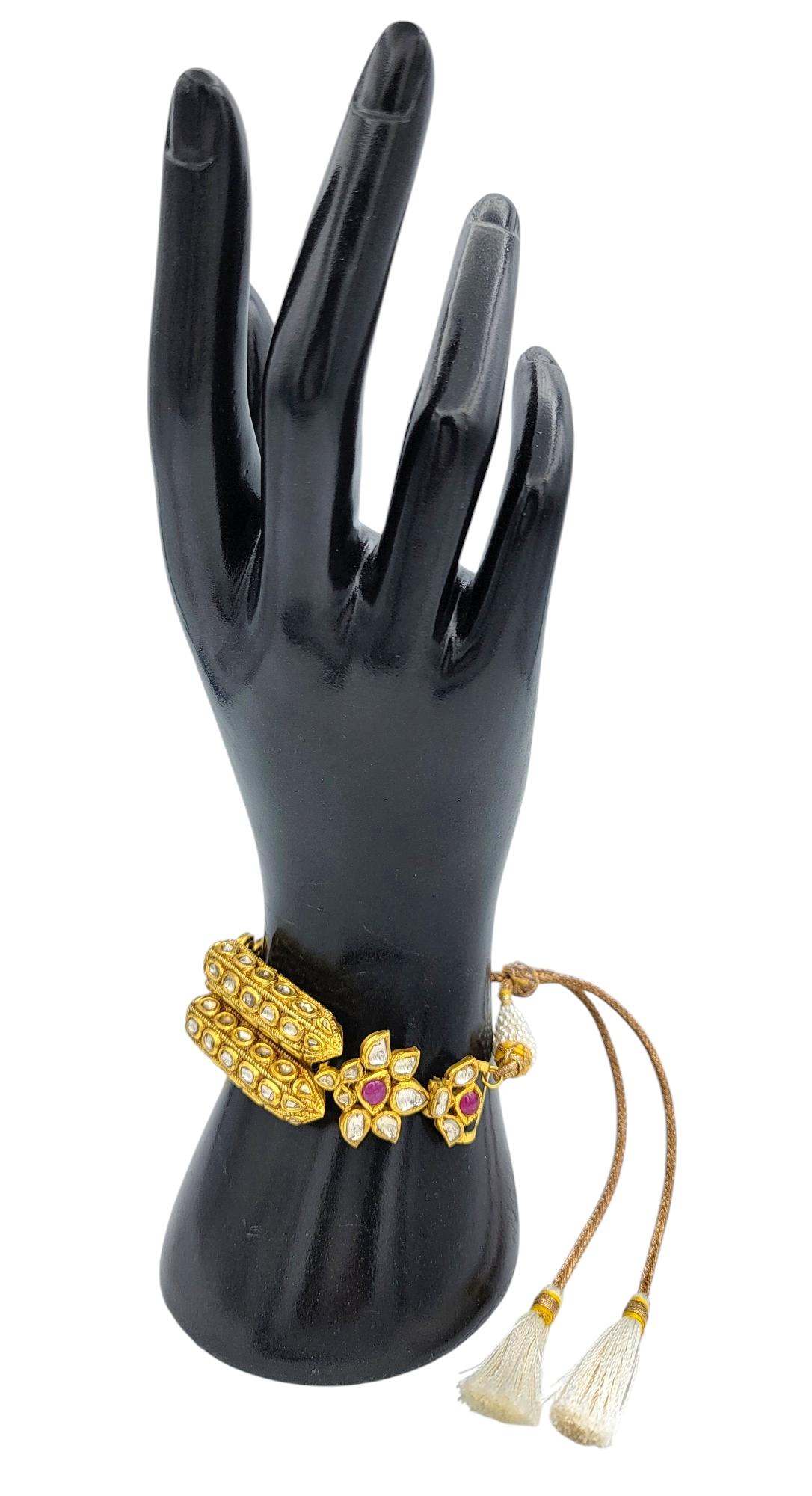 Rose Cut Diamond, Ruby & Pearl Adjustable Tassel Bracelet 18 Karat Yellow Gold For Sale 7