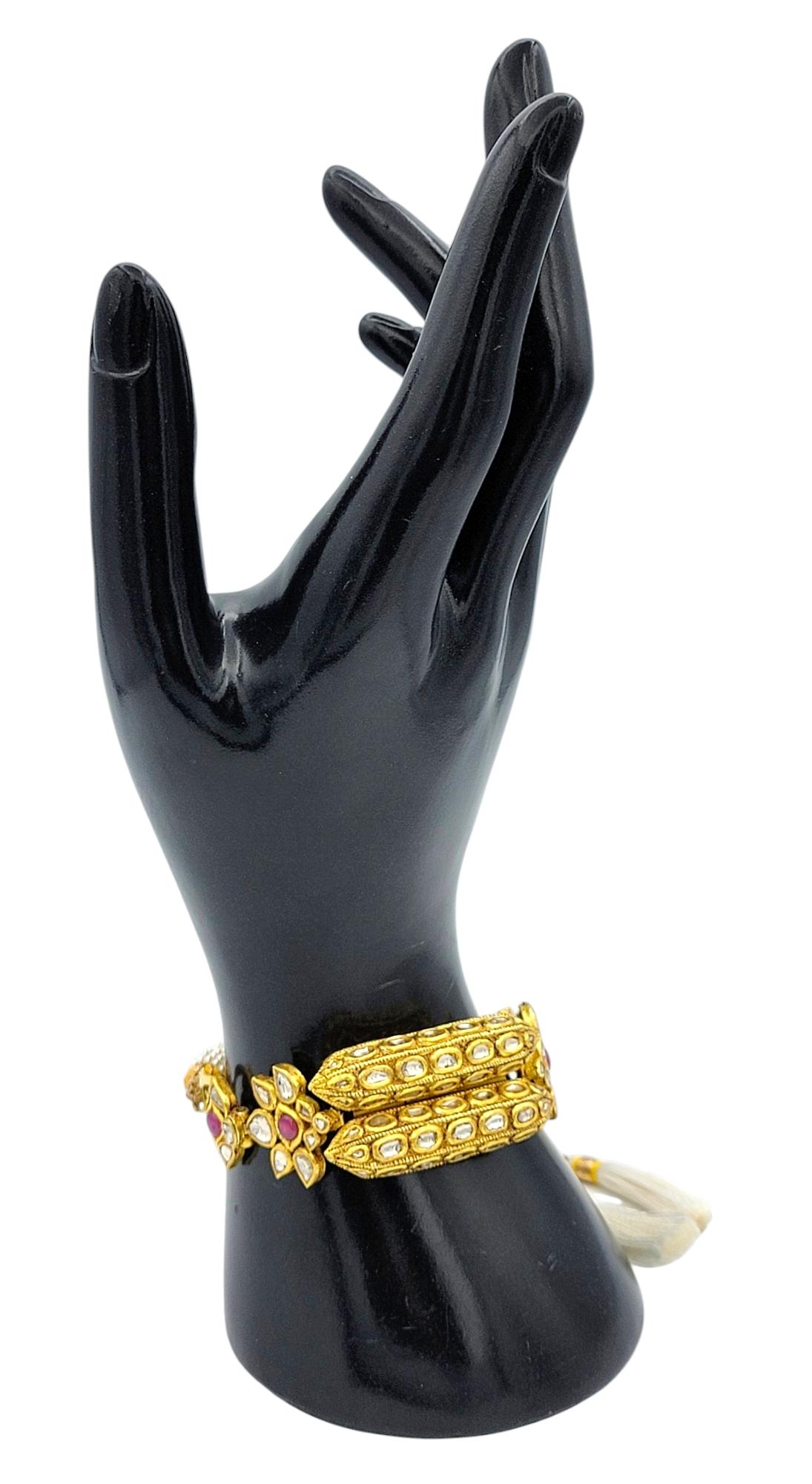 Rose Cut Diamond, Ruby & Pearl Adjustable Tassel Bracelet 18 Karat Yellow Gold For Sale 8