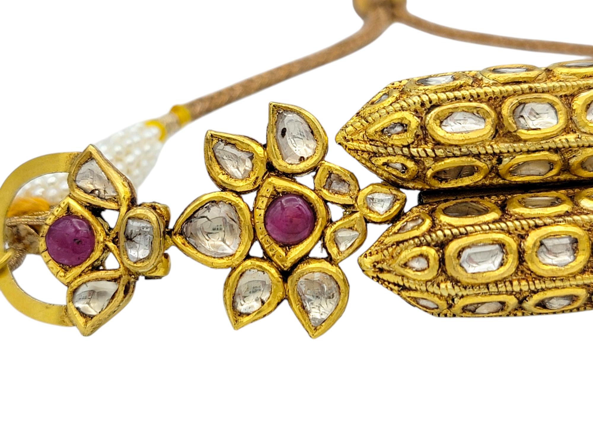 Contemporary Rose Cut Diamond, Ruby & Pearl Adjustable Tassel Bracelet 18 Karat Yellow Gold For Sale