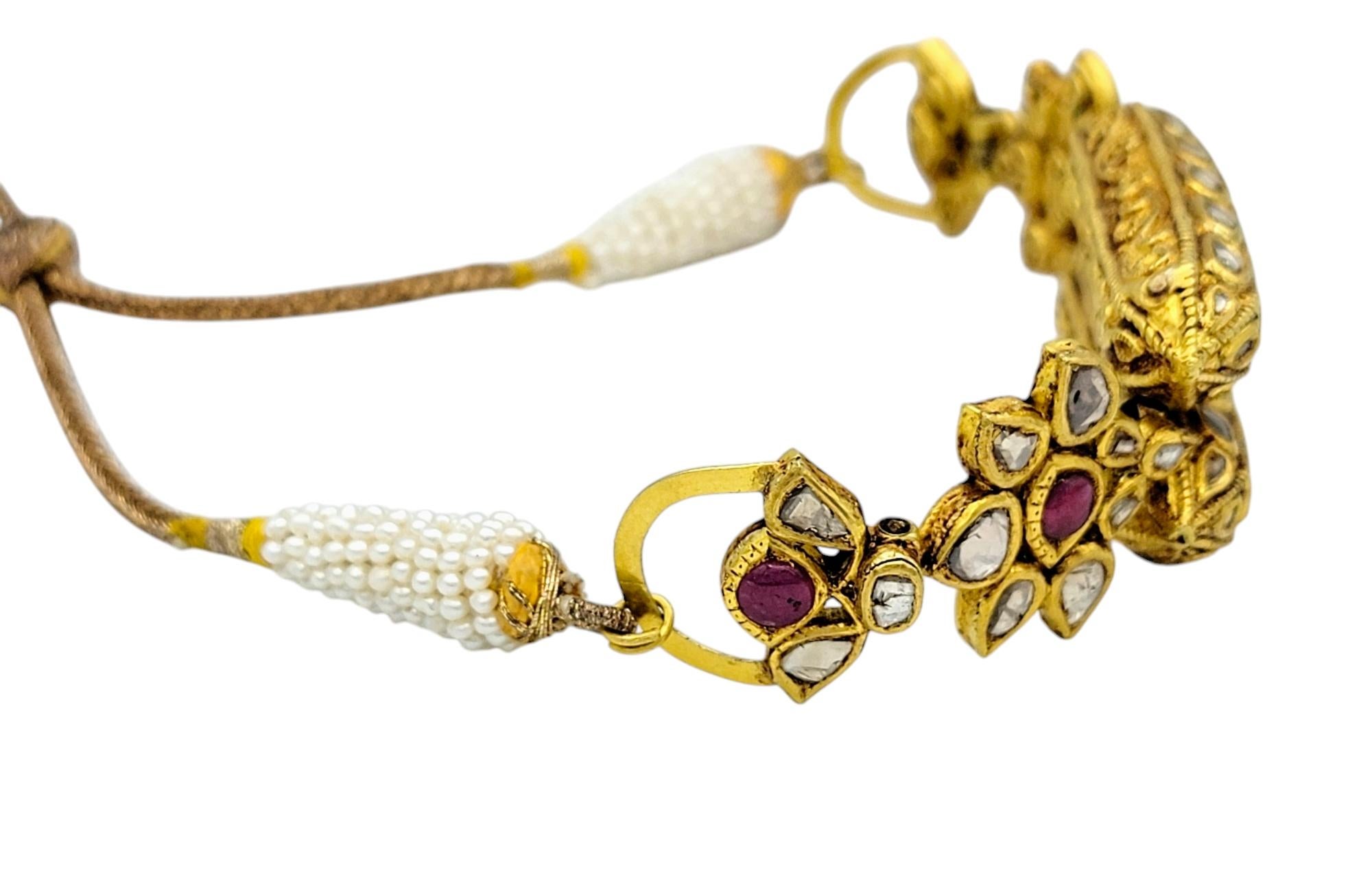 Women's Rose Cut Diamond, Ruby & Pearl Adjustable Tassel Bracelet 18 Karat Yellow Gold For Sale
