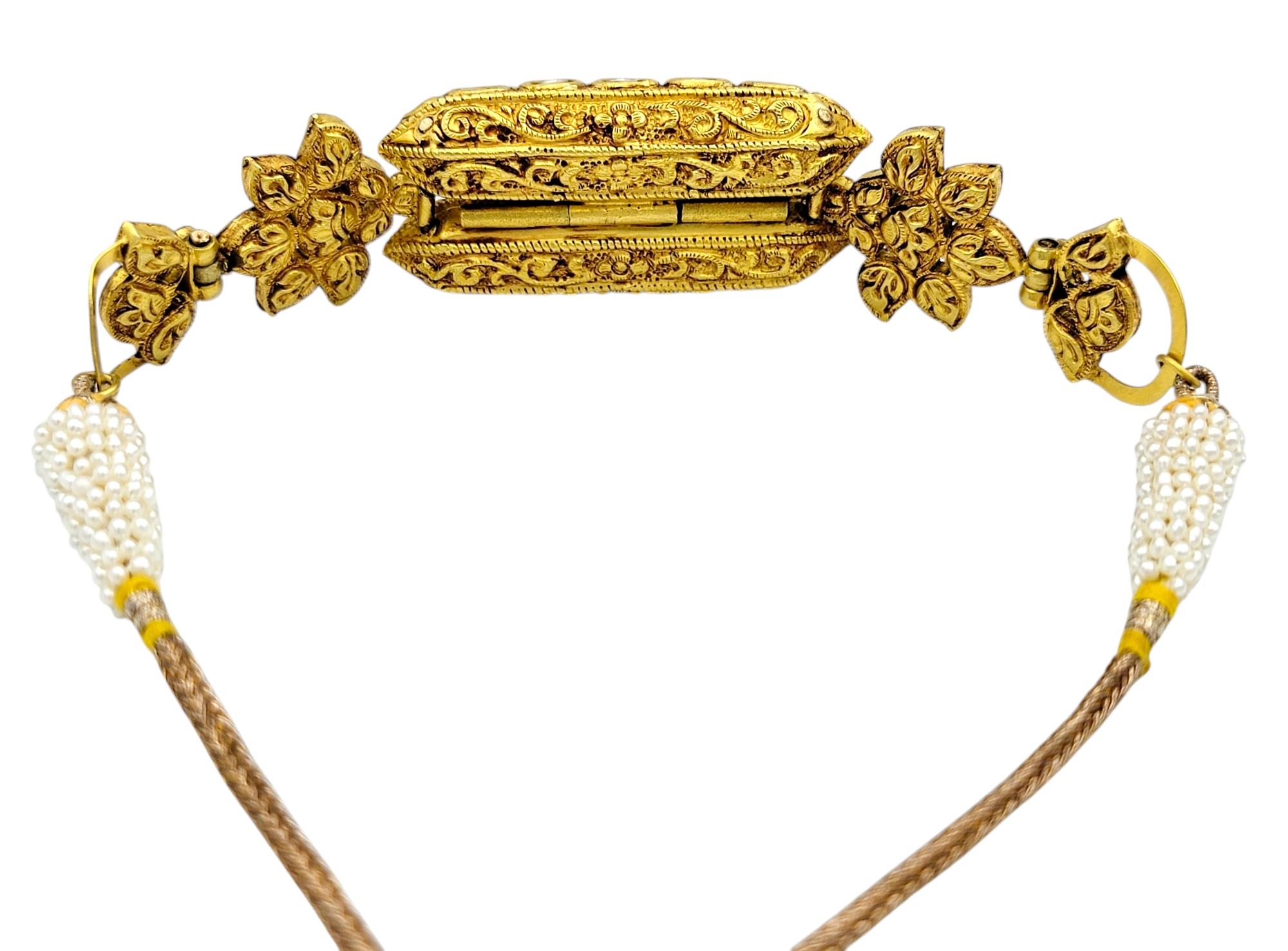 Rose Cut Diamond, Ruby & Pearl Adjustable Tassel Bracelet 18 Karat Yellow Gold For Sale 1