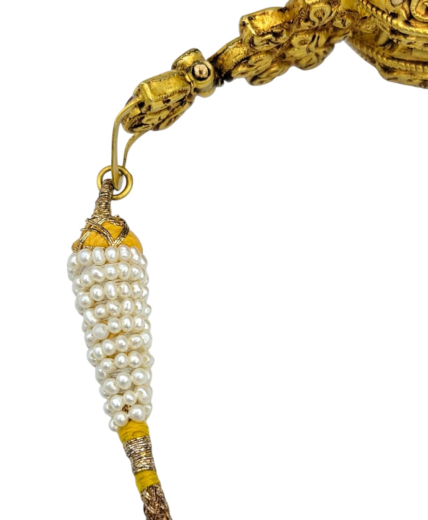 Rose Cut Diamond, Ruby & Pearl Adjustable Tassel Bracelet 18 Karat Yellow Gold For Sale 2