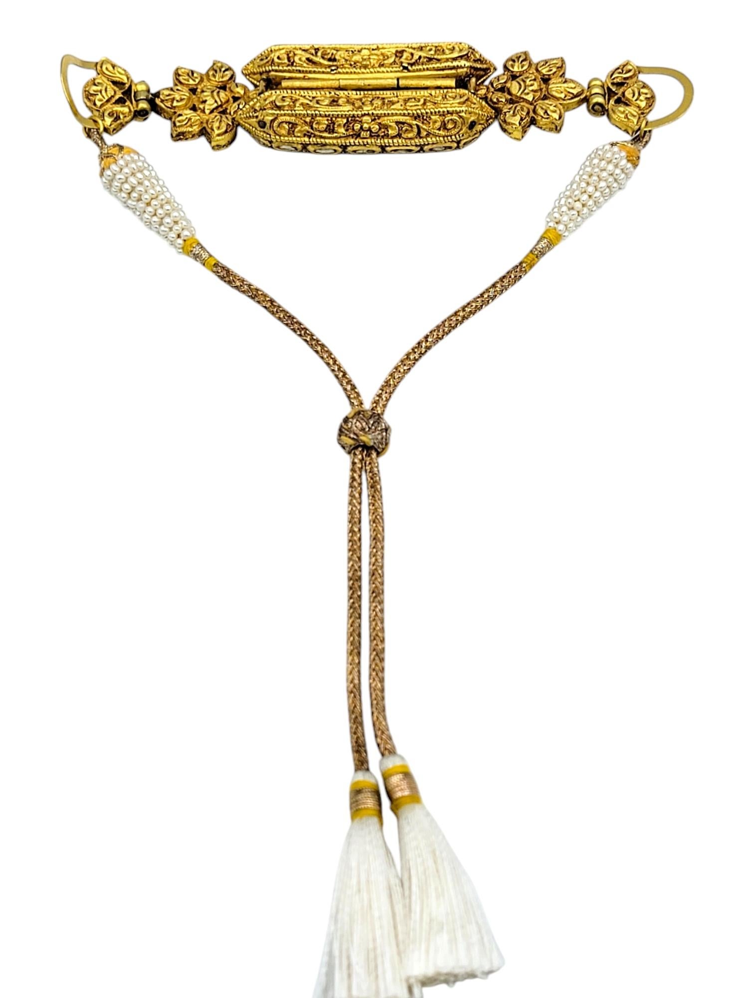 Rose Cut Diamond, Ruby & Pearl Adjustable Tassel Bracelet 18 Karat Yellow Gold For Sale 3