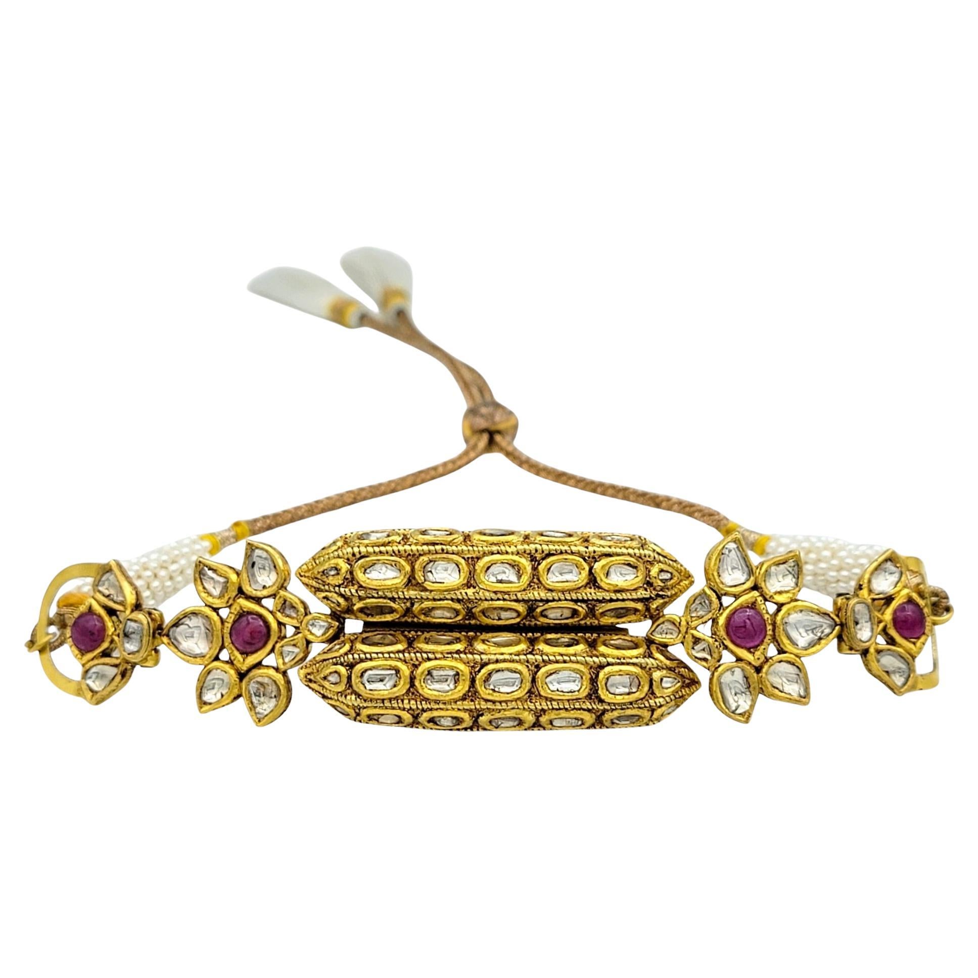 Rose Cut Diamond, Ruby & Pearl Adjustable Tassel Bracelet 18 Karat Yellow Gold For Sale