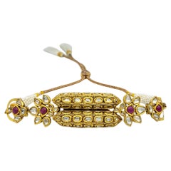 Diamant, Rubin und Perle im Rosenschliff Verstellbares Quastenarmband 18 Karat Gelbgold