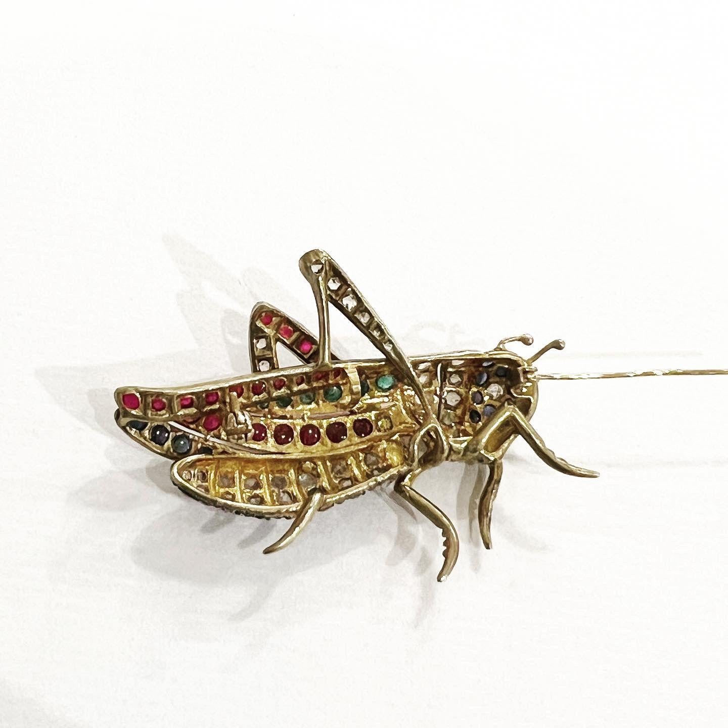 Rose Cut Diamond, Ruby Sapphire Emerald Vermeil Cricket Silver Brooch-Pendant In Good Condition For Sale In Pamplona, Navarra