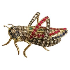 Rose Cut Diamond, Ruby Sapphire Emerald Vermeil Cricket Silver Brooch-Pendant