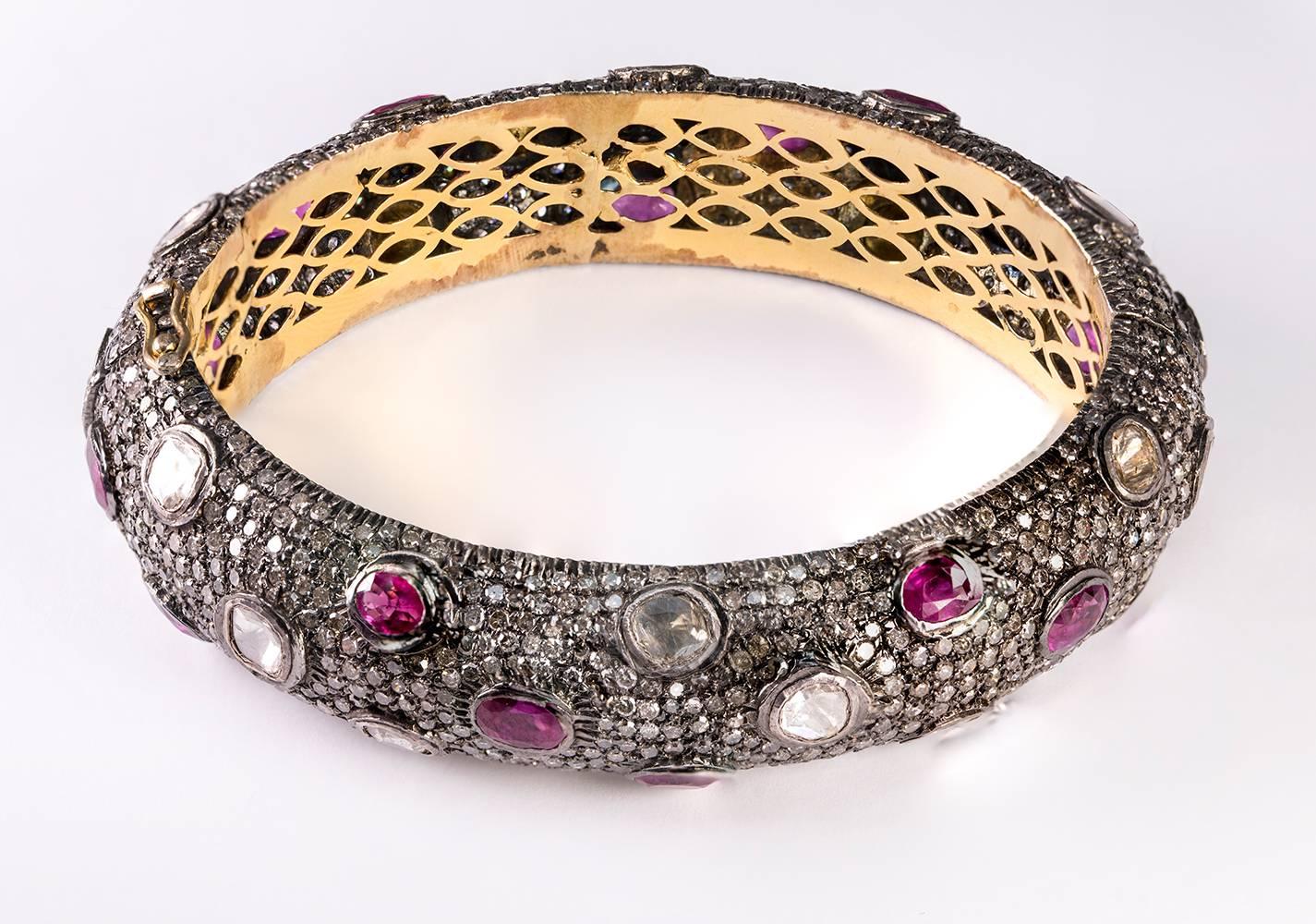 Rose Cut Brown and White Diamond of 8.45ct total weight and 13.45ct of Natural Ruby set on 925 Sterling Silver and 14kt gold Clamper Bracelet. 