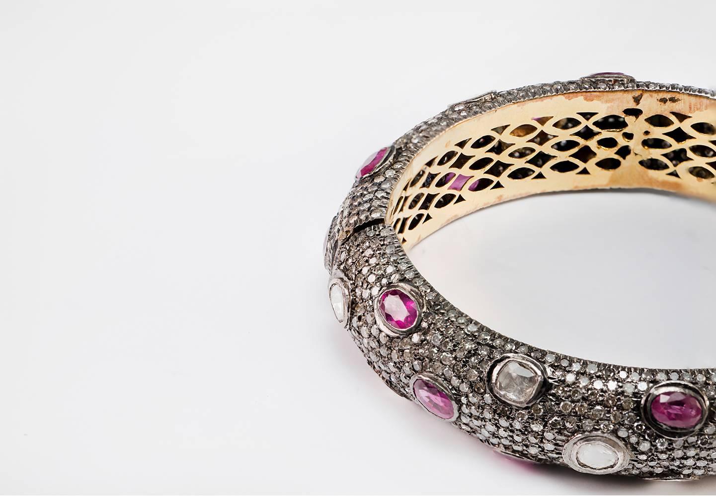 Anglo-Indian Rose Cut Diamond Ruby Silver and Gold Bracelet For Sale