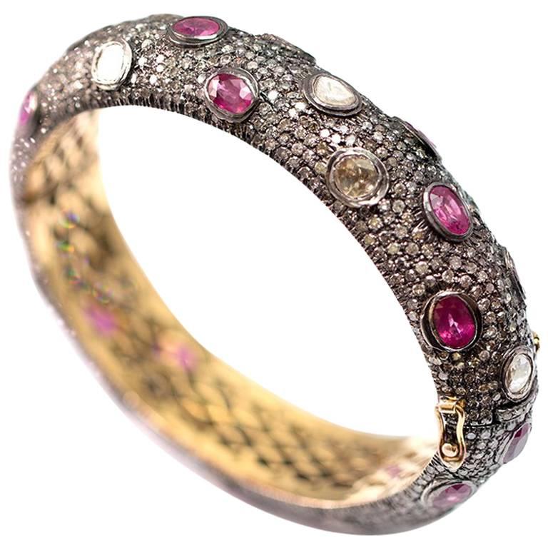 Rose Cut Diamond Ruby Silver and Gold Bracelet For Sale