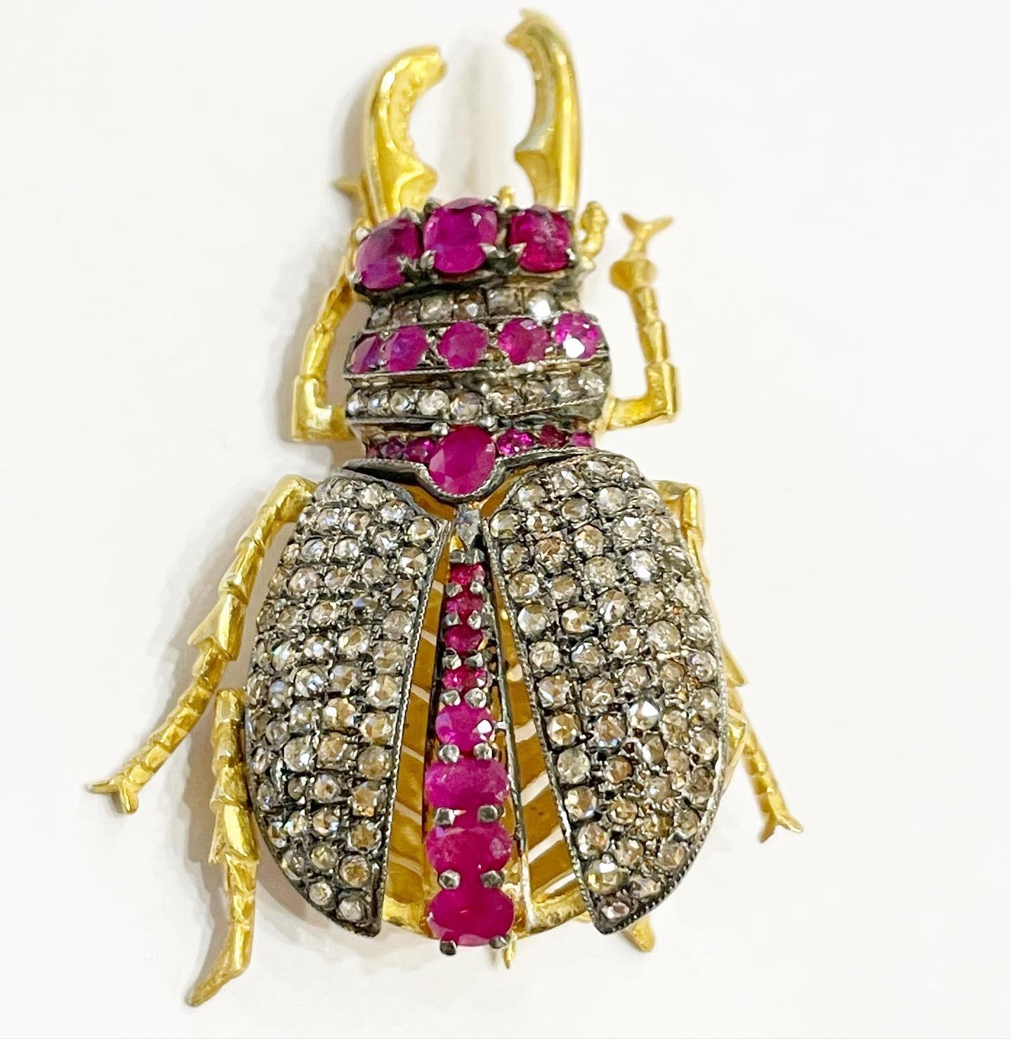 Victorian Rose Cut Diamond, Ruby Vermeil Silver Beetle Articulated Brooch-Pendant For Sale