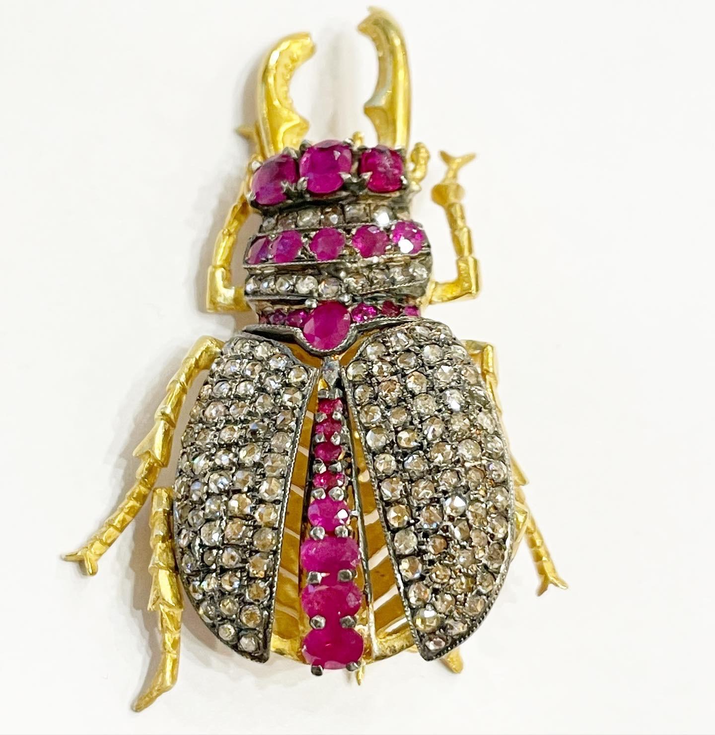 Diamante talla rosa, rubí Vermeil Broche-Pendiente articulado escarabajo de plata Victoriano en venta