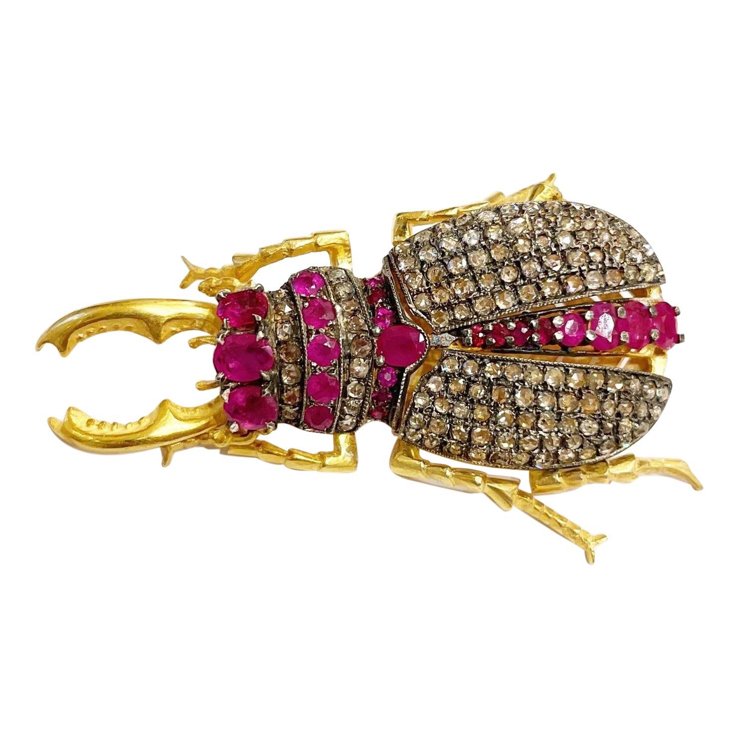 Diamante talla rosa, rubí Vermeil Broche-Pendiente articulado escarabajo de plata