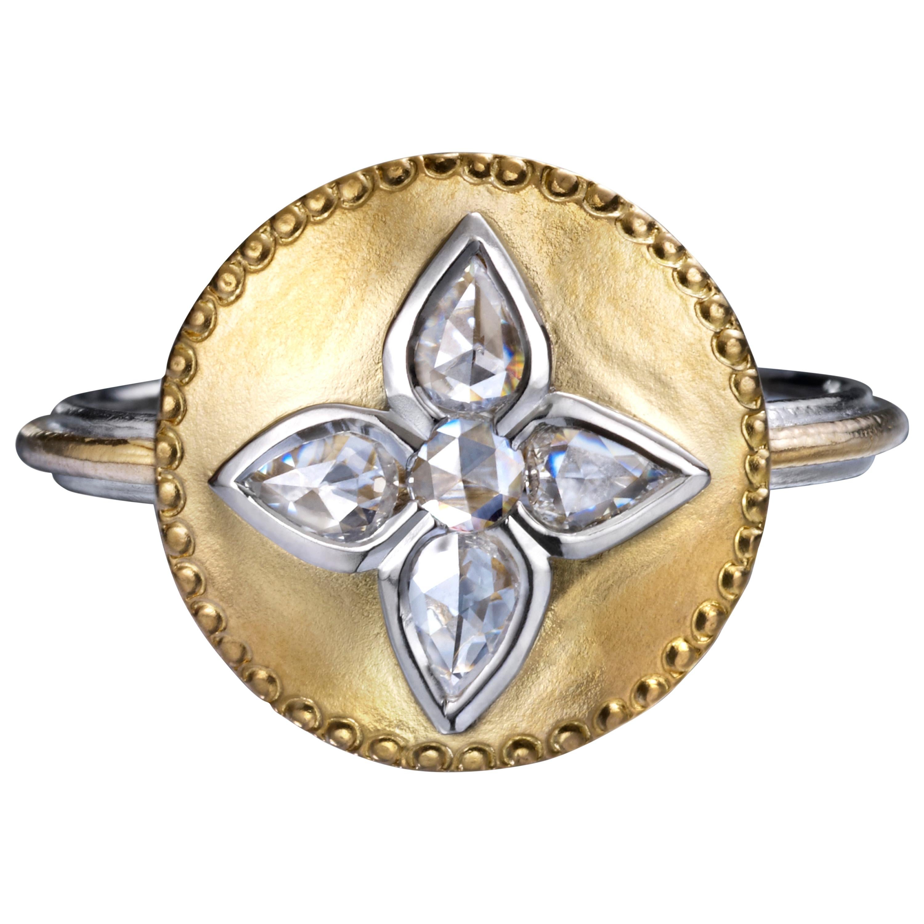 Rose Cut Diamond Shield Ring in Platinum and 24 Karat Gold For Sale