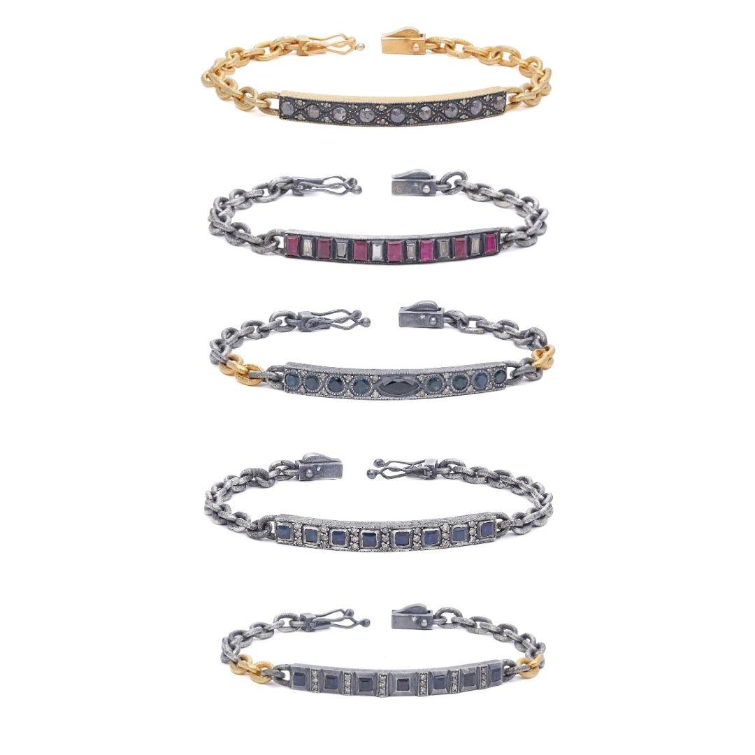 Silber und 24 Karat Gold Mikron-Tag-Kette-Armband mit Diamanten im Rosenschliff für Damen oder Herren im Angebot