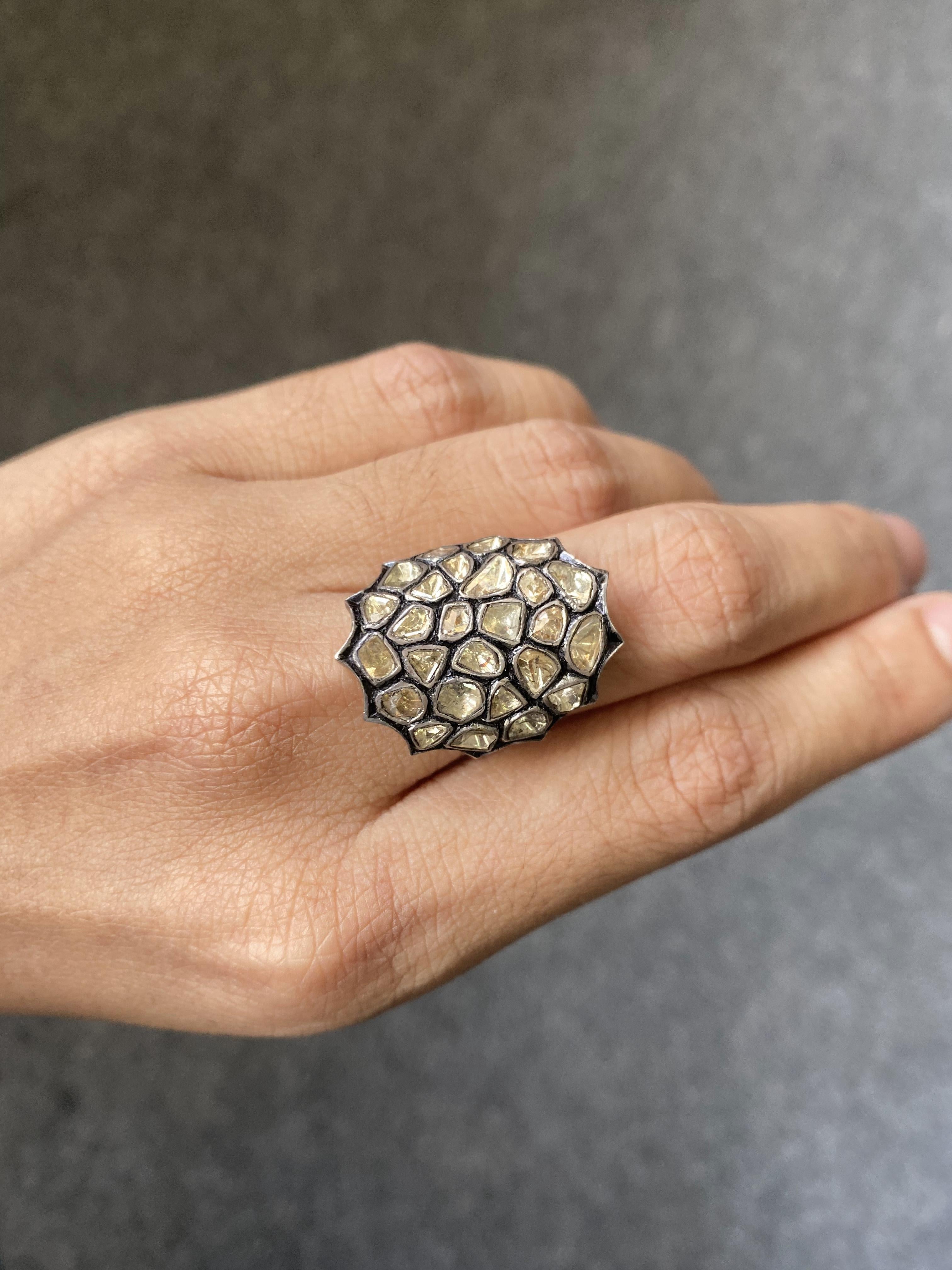 Rose Cut Diamond, Silver and Gold Cocktail Ring In New Condition For Sale In Bangkok, Thailand