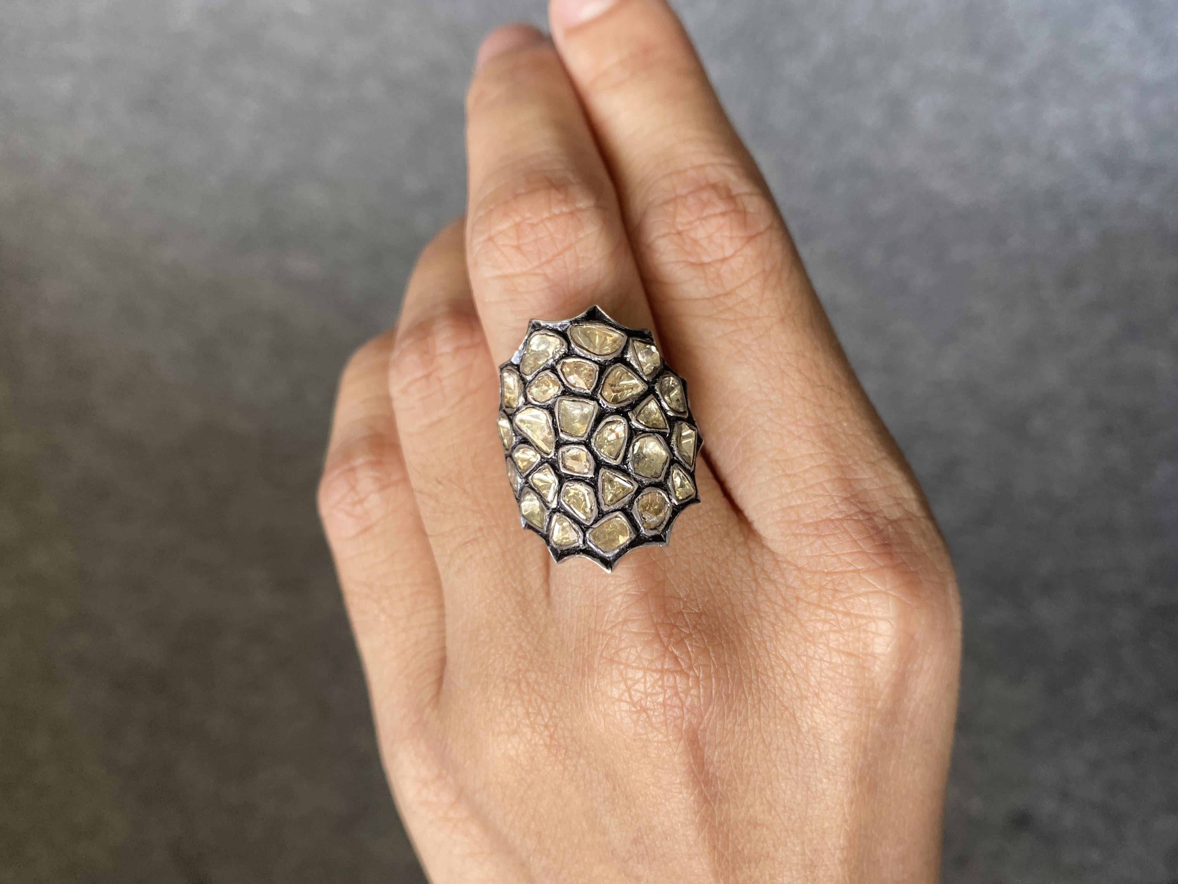Women's or Men's Rose Cut Diamond, Silver and Gold Cocktail Ring For Sale