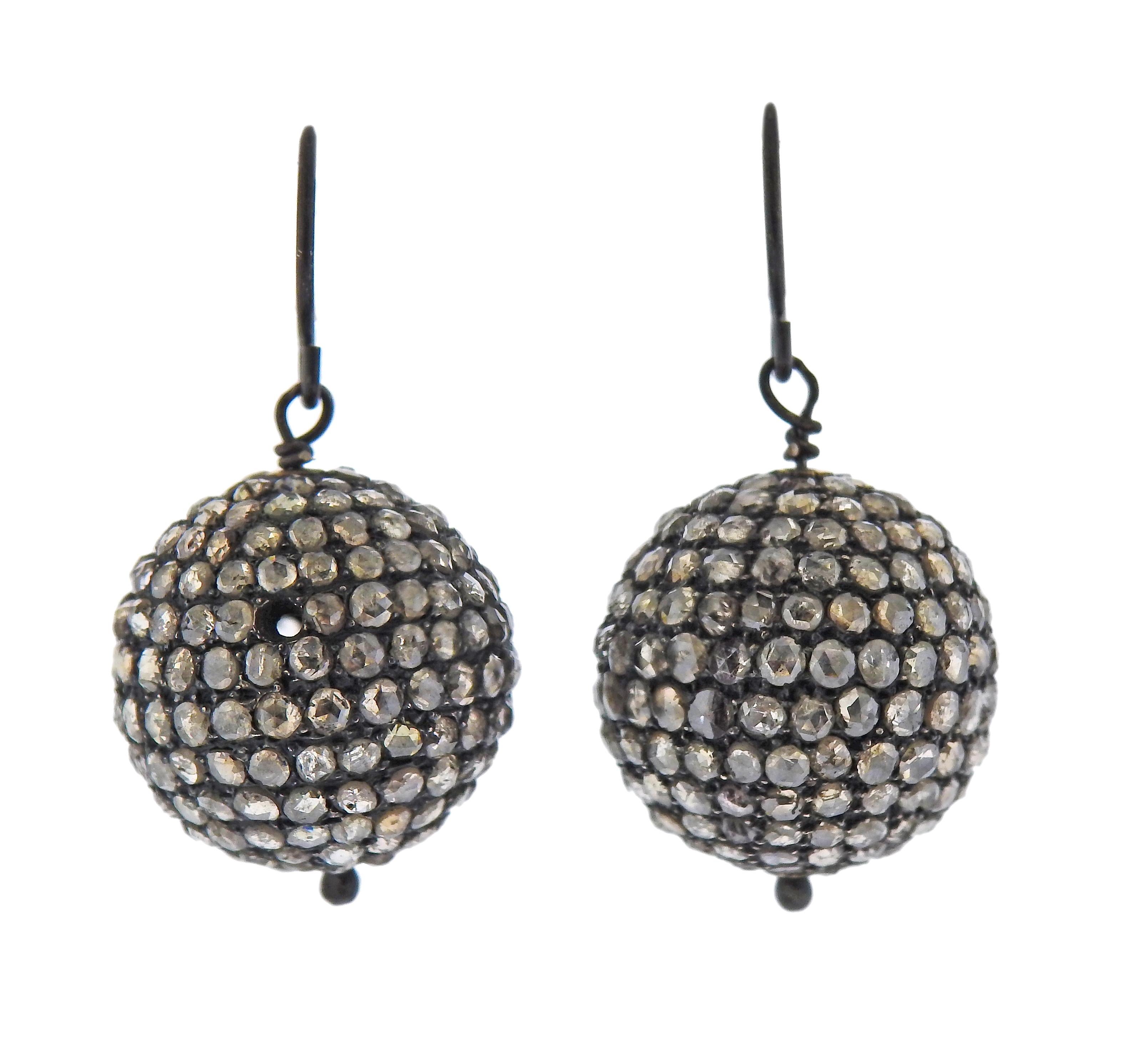 Rose Cut Diamond Silver Ball Drop Earrings In Good Condition For Sale In New York, NY