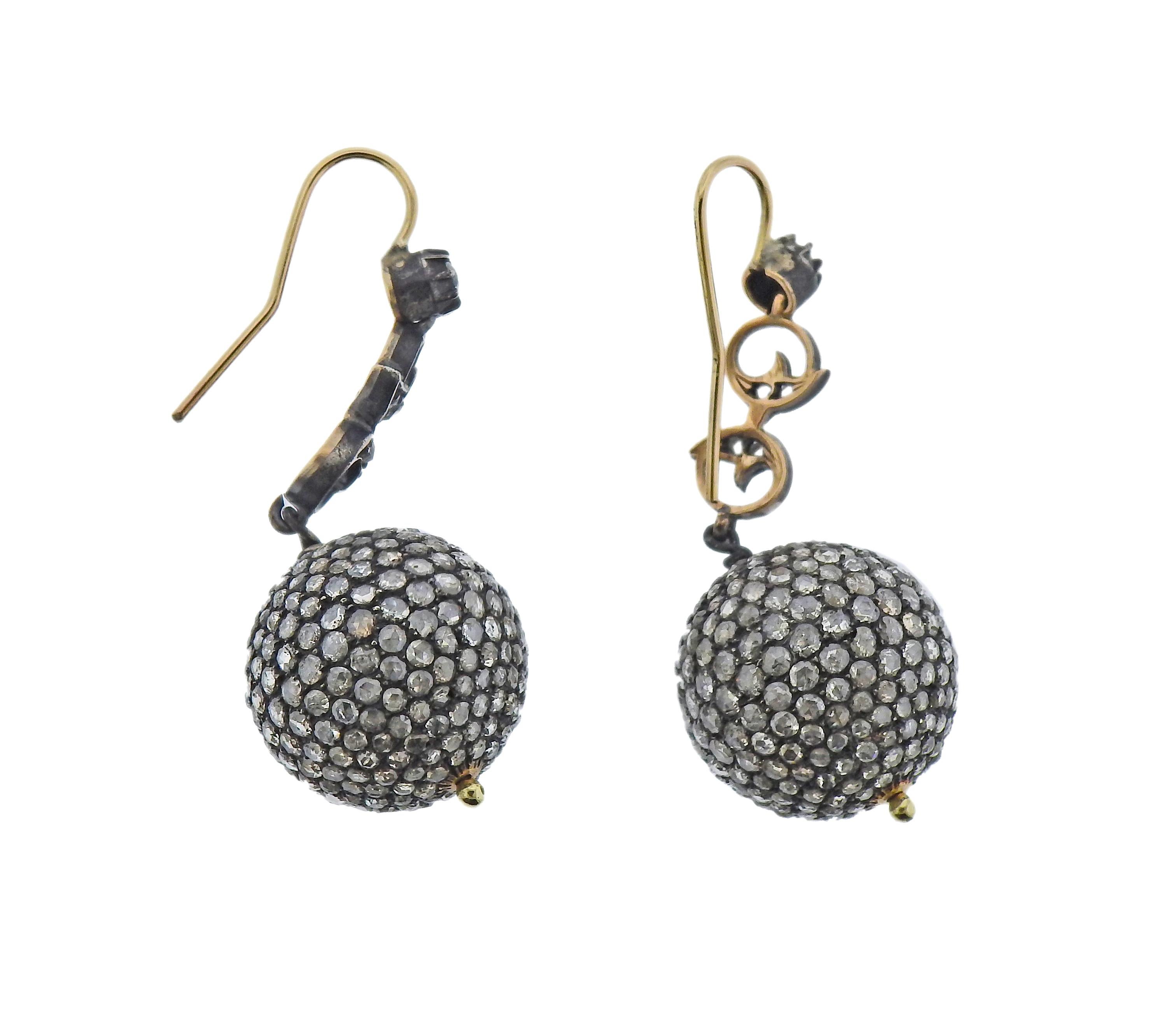 Pair of 14k gold and silver drop ball earrings with rose cut diamonds. Earrings are 46mm long, balls are 19mm in diameter. Weight - 11.6 grams. 