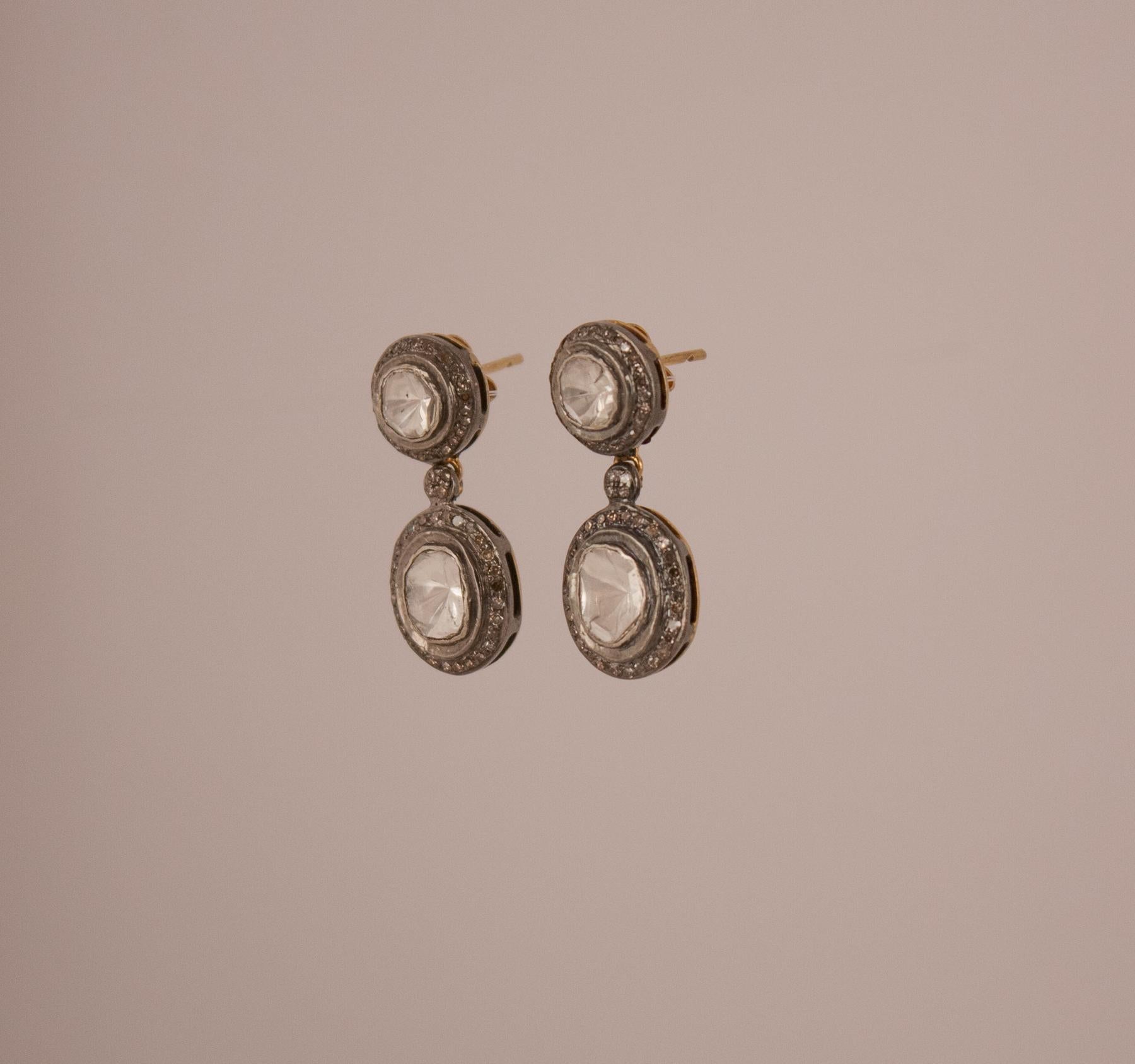 Victorian Rose Cut Diamond Sterling Silver Dangle Earrings